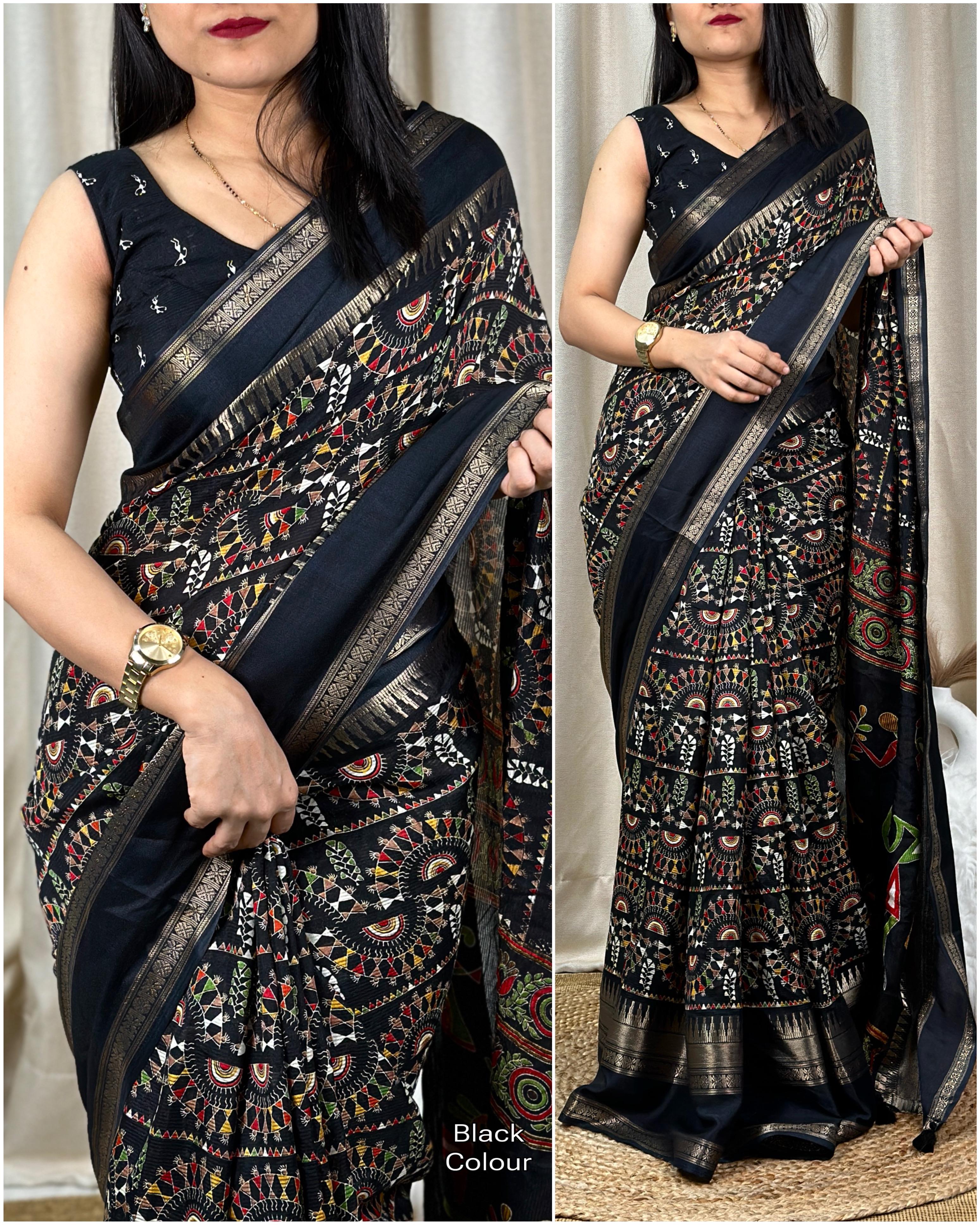New Soft Denting Cotton Kalamkari Print Zari Border Tussles Work Printed Saree