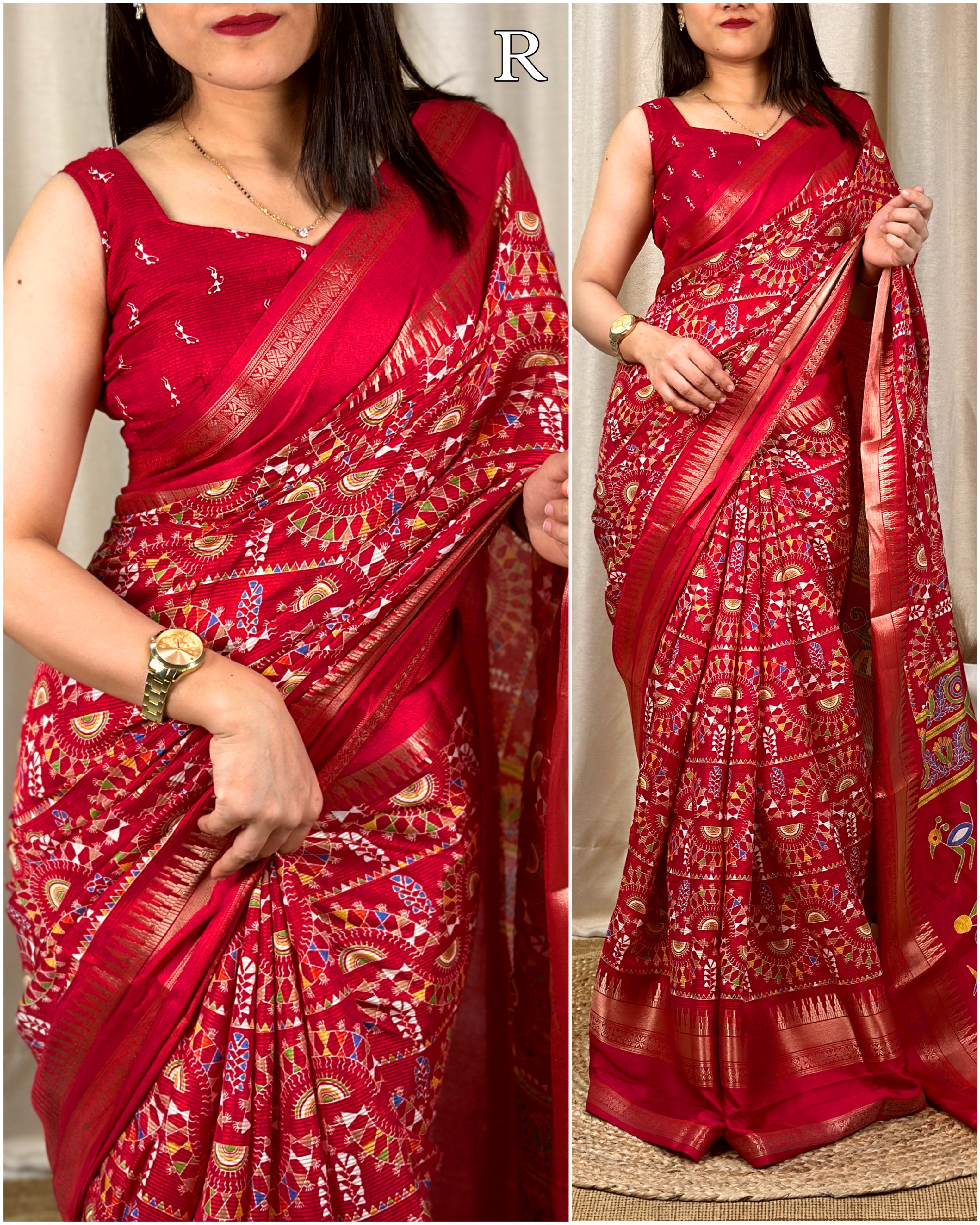 New Soft Denting Cotton Kalamkari Print Zari Border Tussles Work Printed Saree