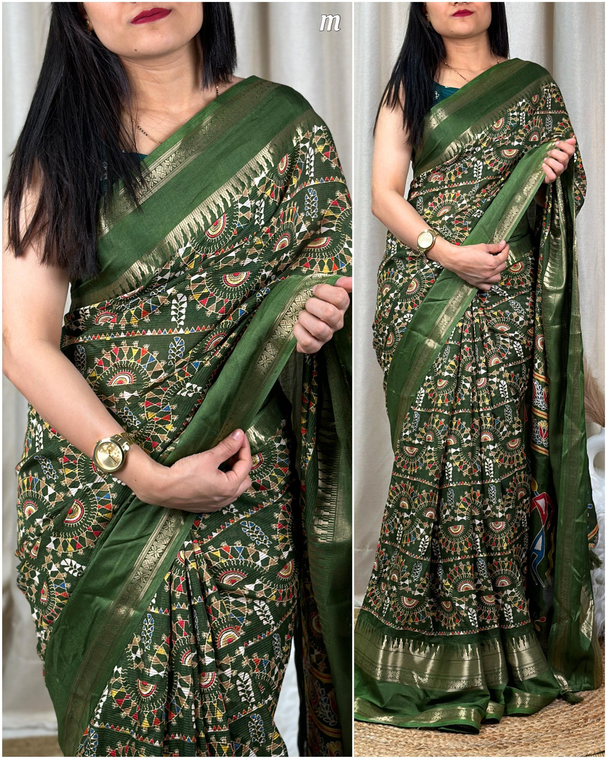 New Soft Denting Cotton Kalamkari Print Zari Border Tussles Work Printed Saree