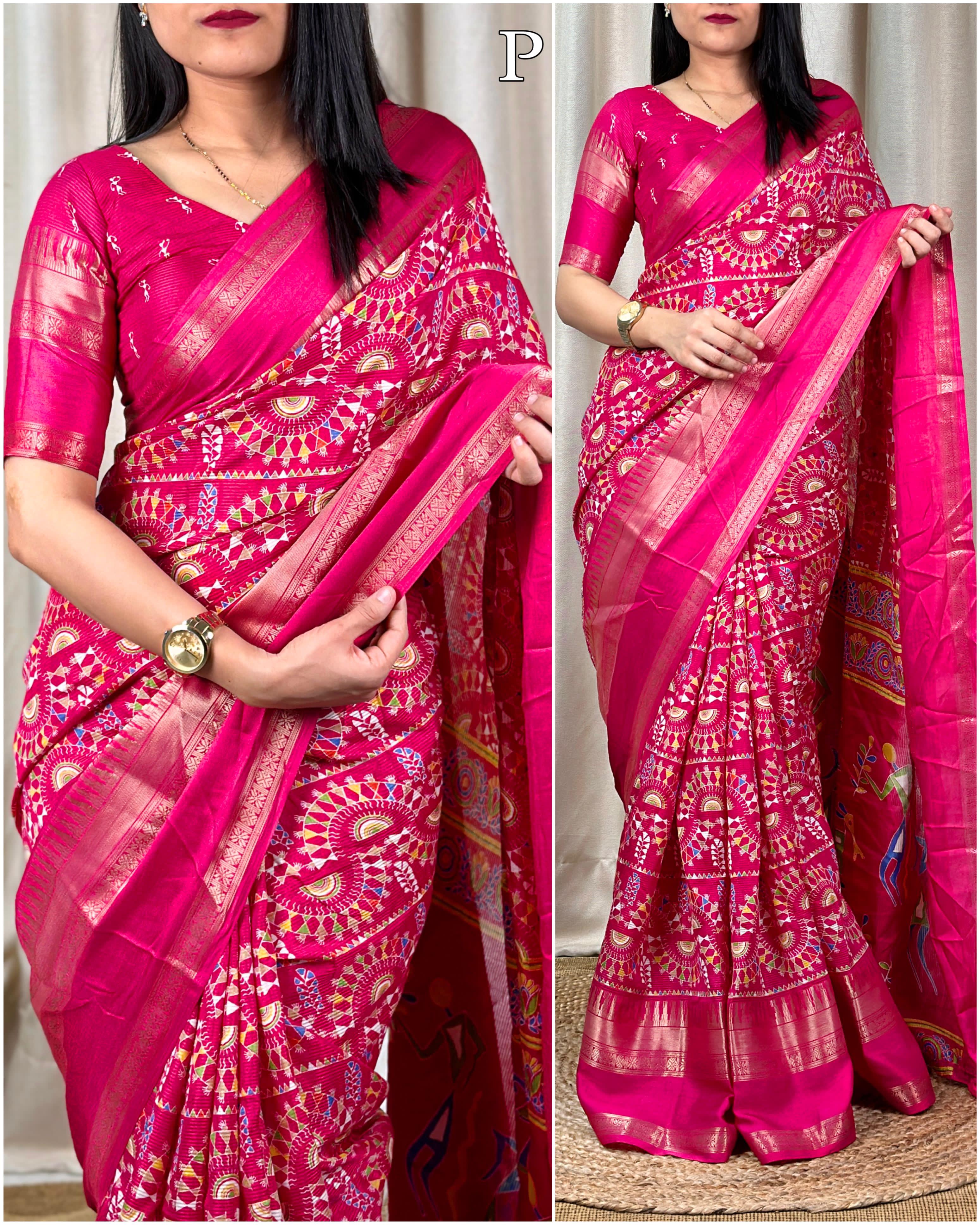 New Soft Denting Cotton Kalamkari Print Zari Border Tussles Work Printed Saree
