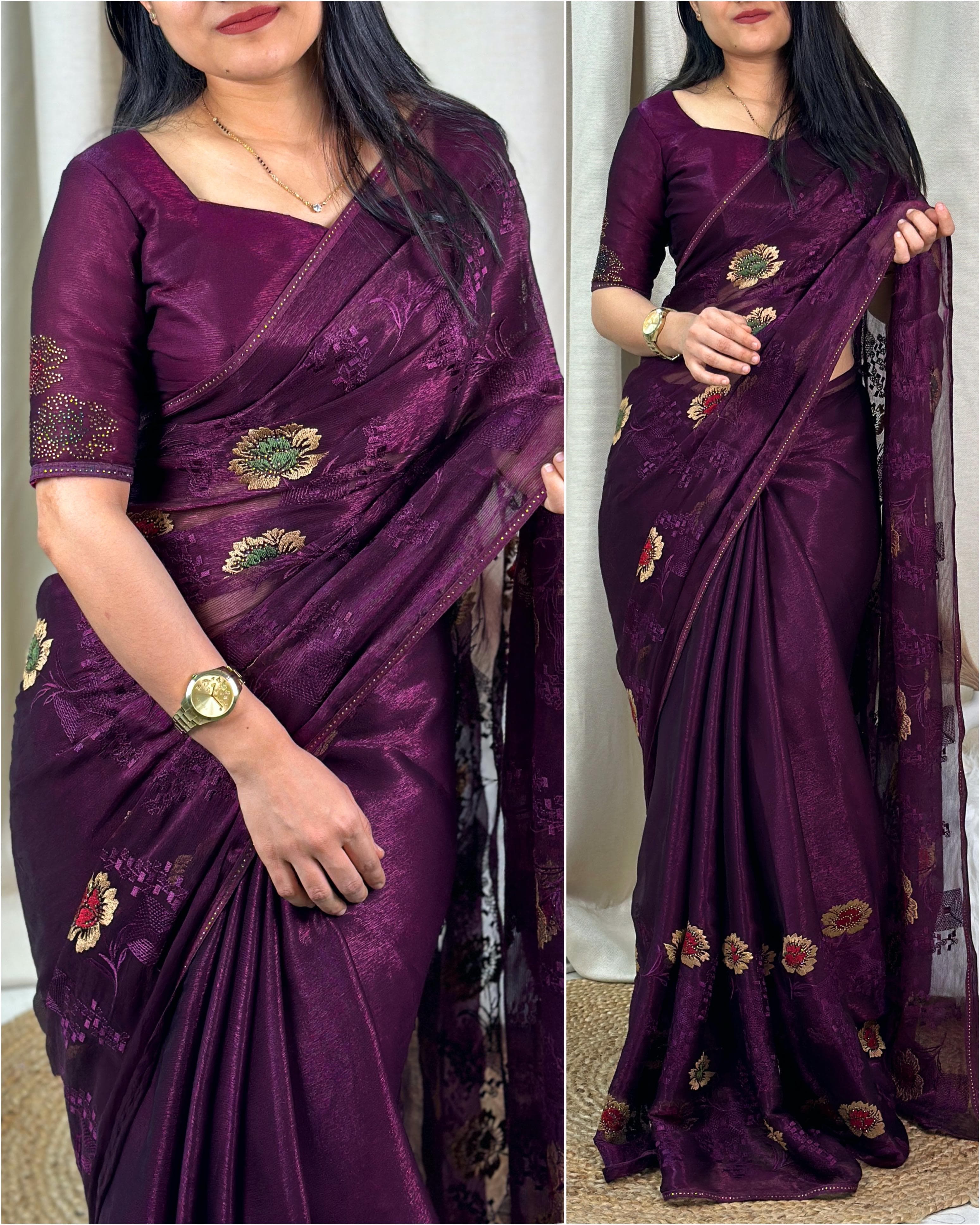New Sitara Chiffon Siroski n Embroidery Work Fancy Designer Partywear Saree With Blouse