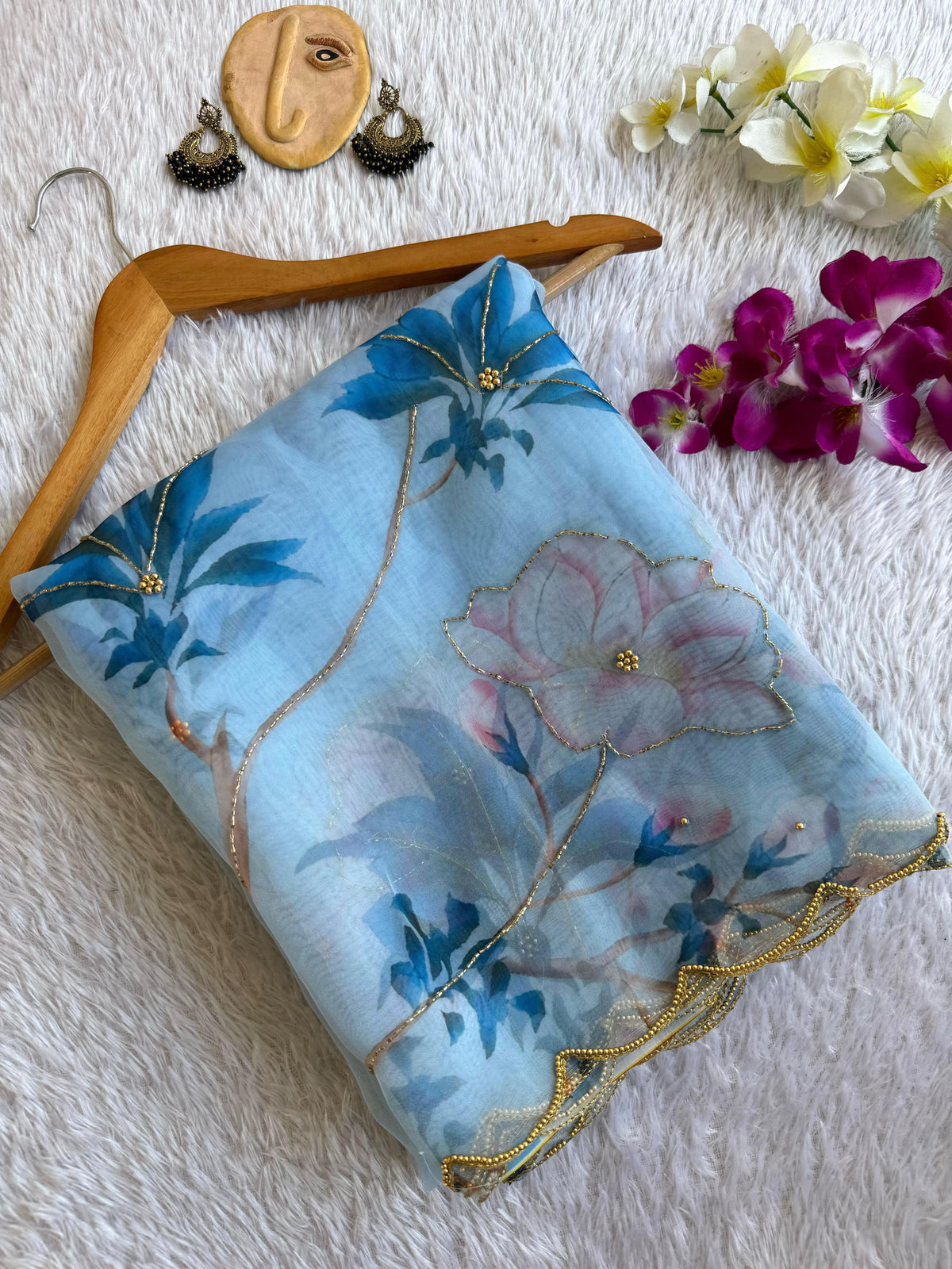 New Partywear Skyblue Color Organza Silk Printed Hand Work Fancy Designer Saree With Unstitched Blouse
