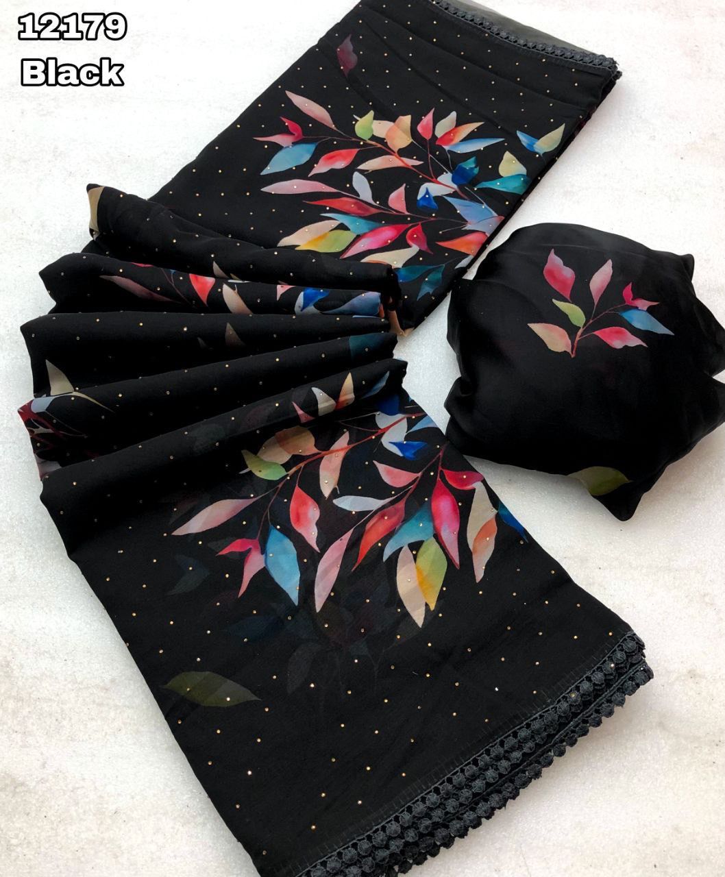 New Partywear Black Color Chiffon Print With Siroski Work n Fancy Lace Border Designer Saree