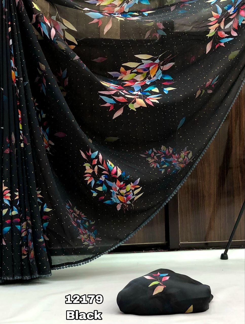 New Partywear Black Color Chiffon Print With Siroski Work n Fancy Lace Border Designer Saree