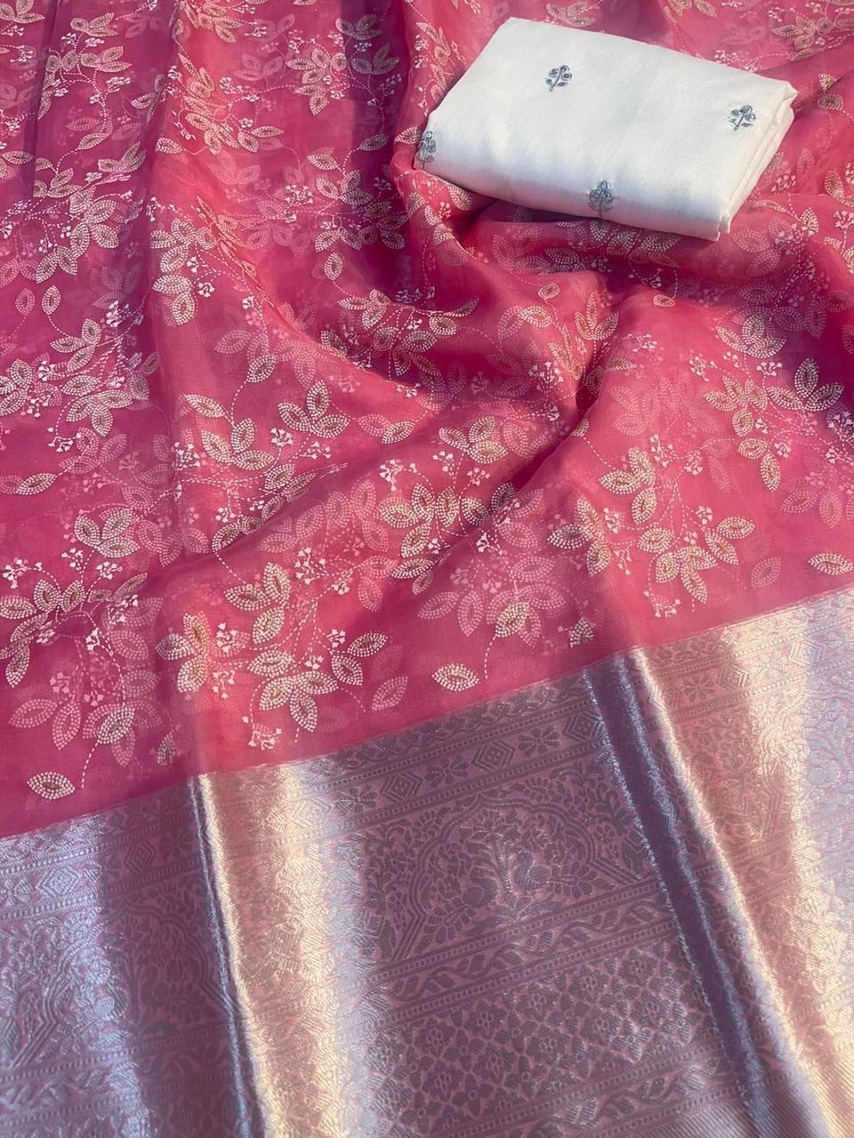 New Beautiful Soft Kanchipuram Orgenza Silk Jacquard n Foil Pigment Work Fancy Designer Sarees