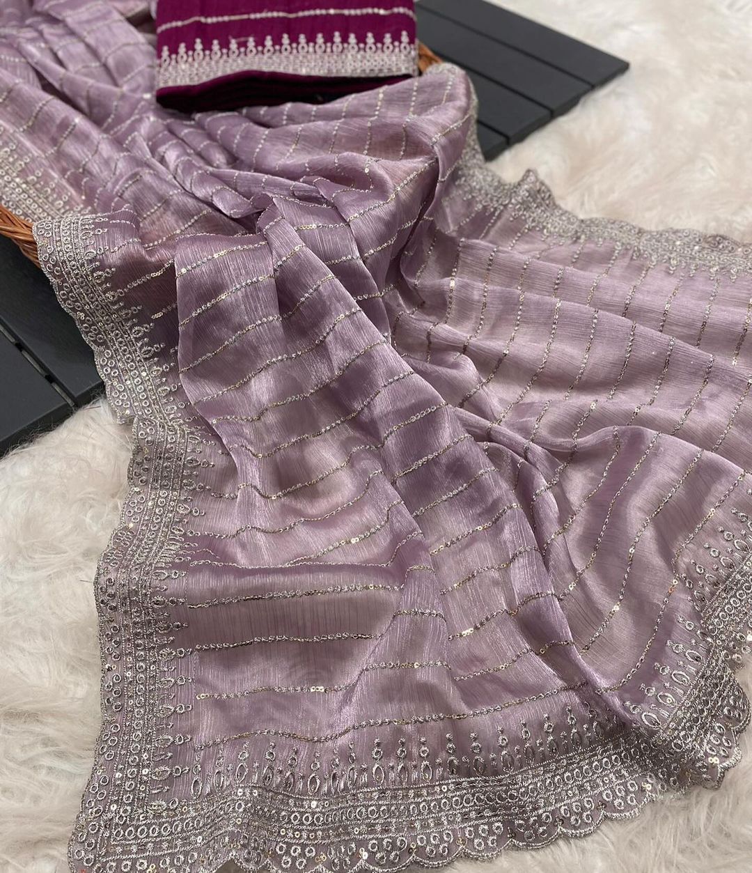 New Partywear Fancy Designer Silk Fabric With Beautiful Embroidered n Sequence Work Saree With Blouse
