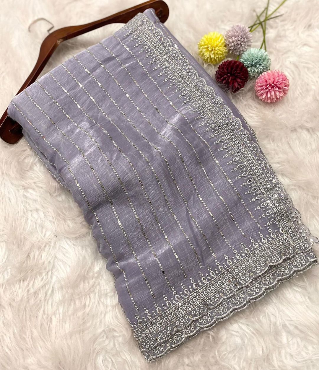 New Partywear Fancy Designer Silk Fabric With Beautiful Embroidered n Sequence Work Saree With Blouse