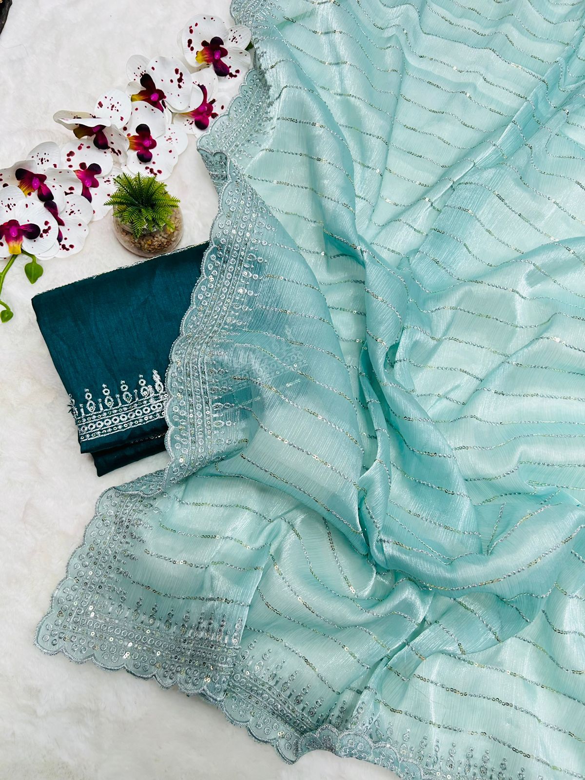 New Partywear Fancy Designer Silk Fabric With Beautiful Embroidered n Sequence Work Saree With Blouse