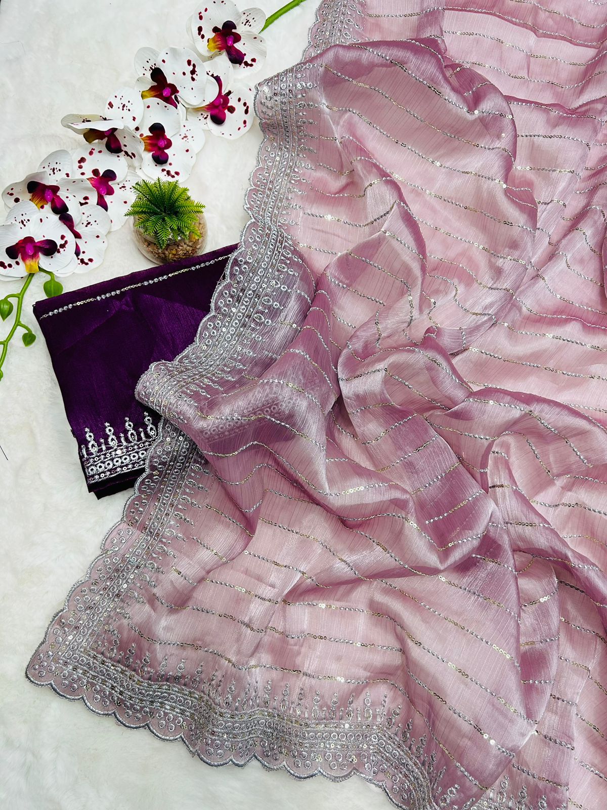 New Partywear Fancy Designer Silk Fabric With Beautiful Embroidered n Sequence Work Saree With Blouse