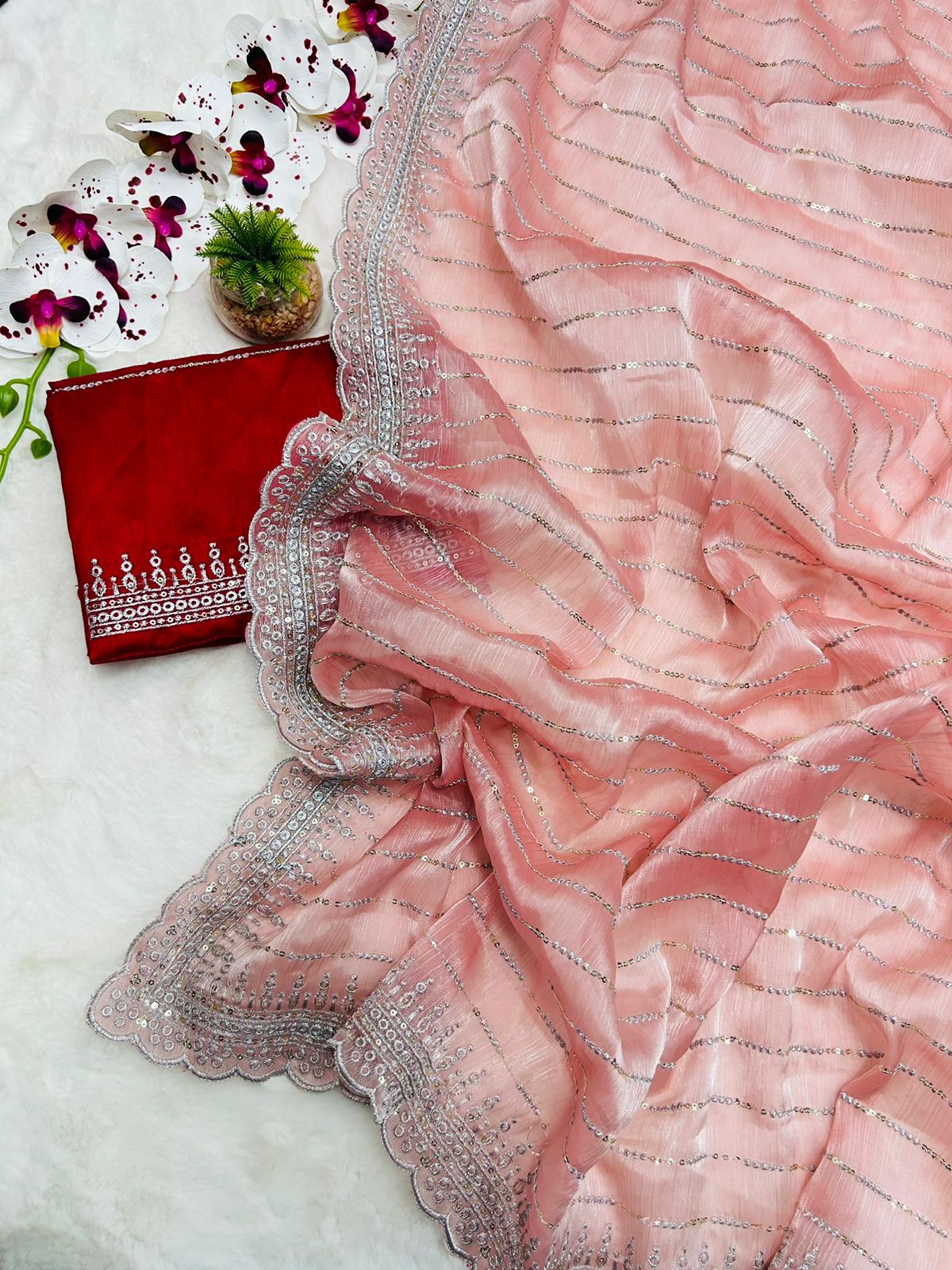 New Partywear Fancy Designer Silk Fabric With Beautiful Embroidered n Sequence Work Saree With Blouse
