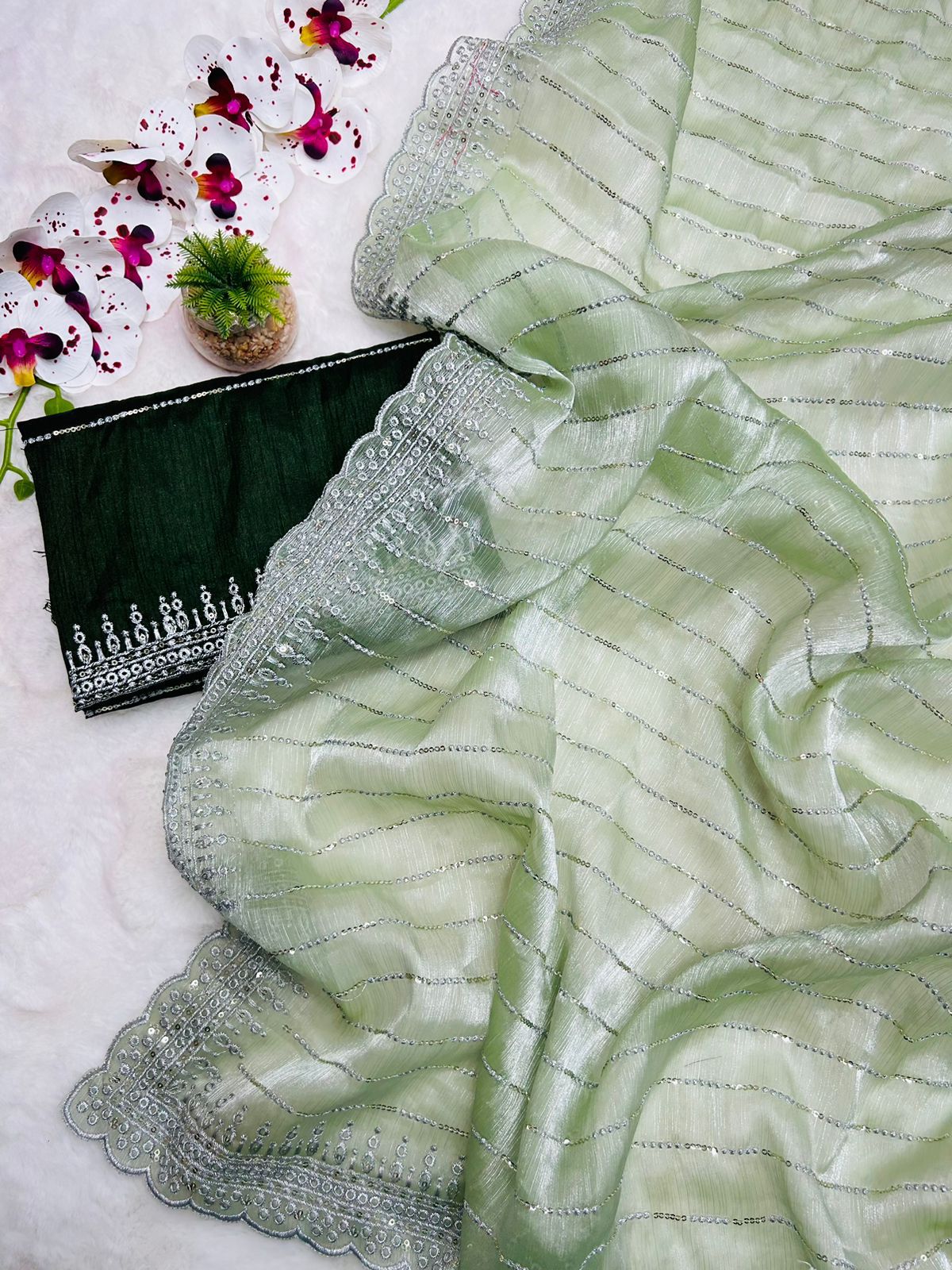 New Partywear Fancy Designer Silk Fabric With Beautiful Embroidered n Sequence Work Saree With Blouse