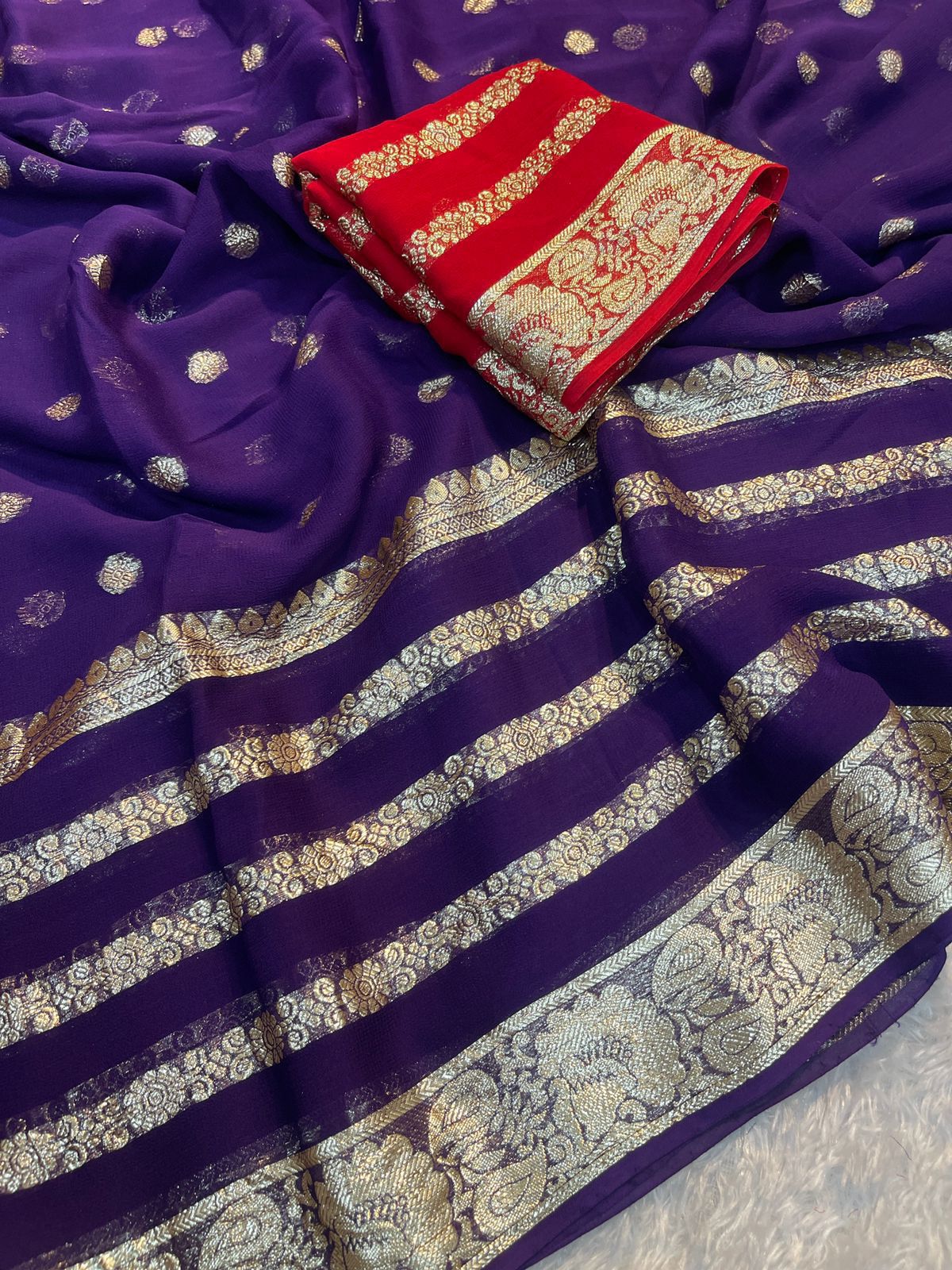 Latest Function wear Purple Color Viscose Georgette Jacquard Weaving Work Fancy Designer Saree