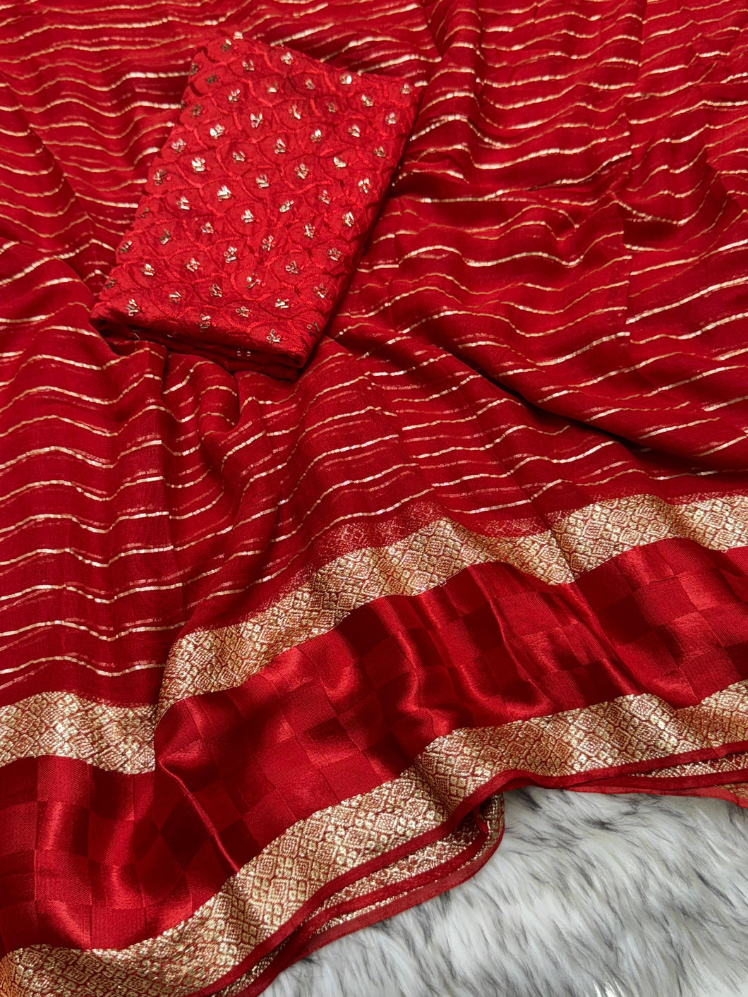 Latest Festive wear Red Color Viscose Georgette Jacquard Weaving Work Designer Saree