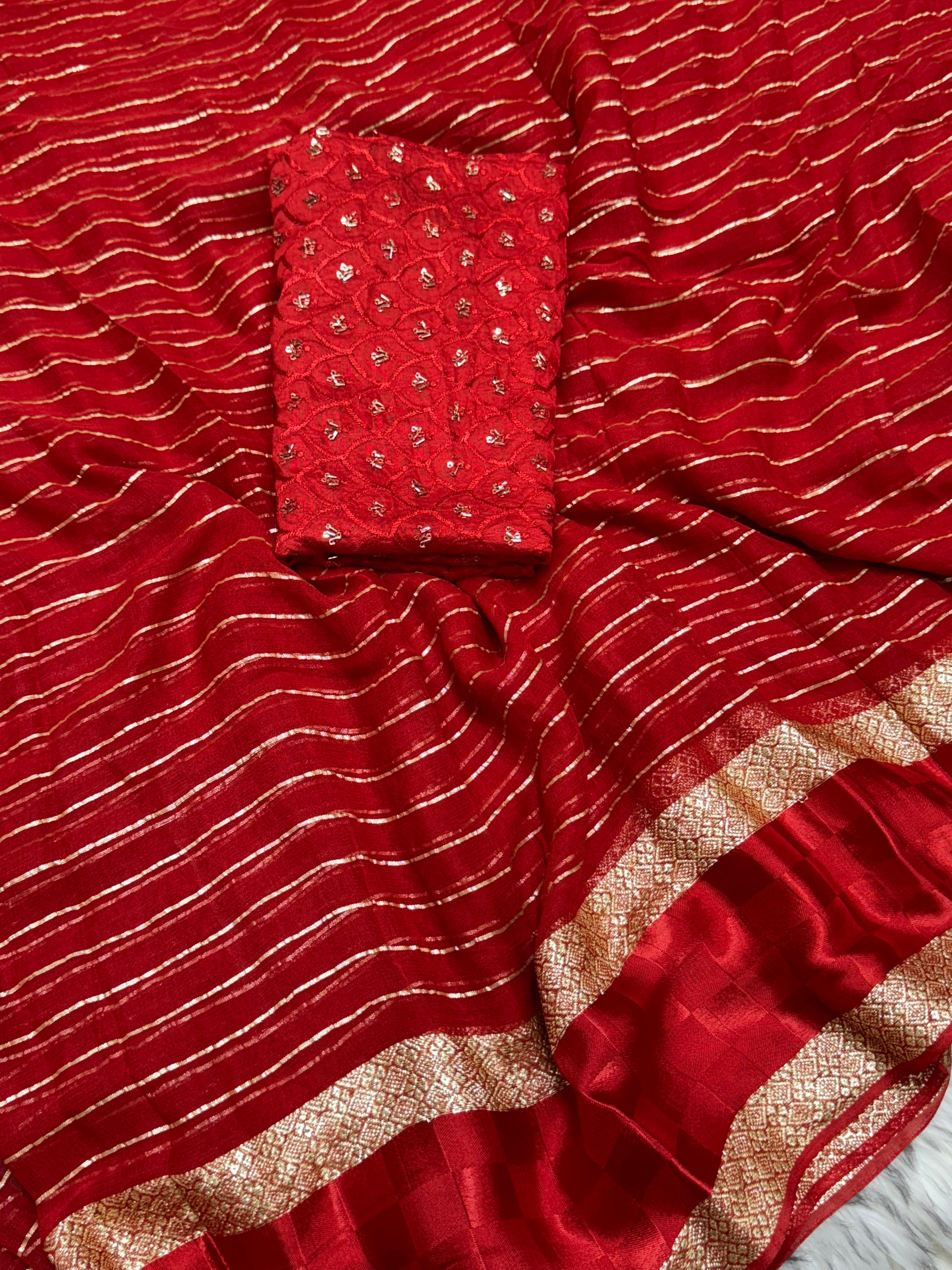 Latest Festive wear Red Color Viscose Georgette Jacquard Weaving Work Designer Saree