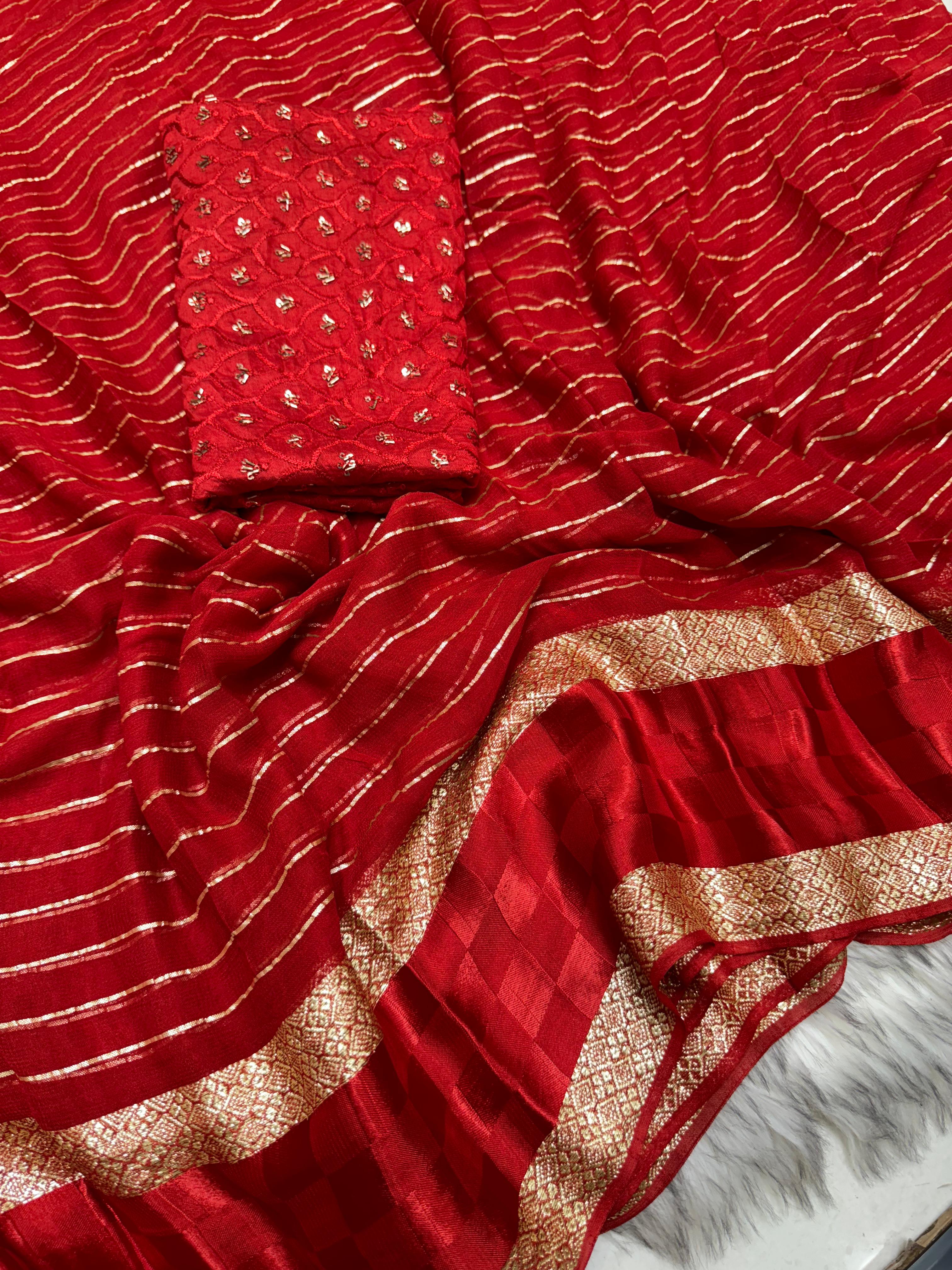 Latest Festive wear Red Color Viscose Georgette Jacquard Weaving Work Designer Saree