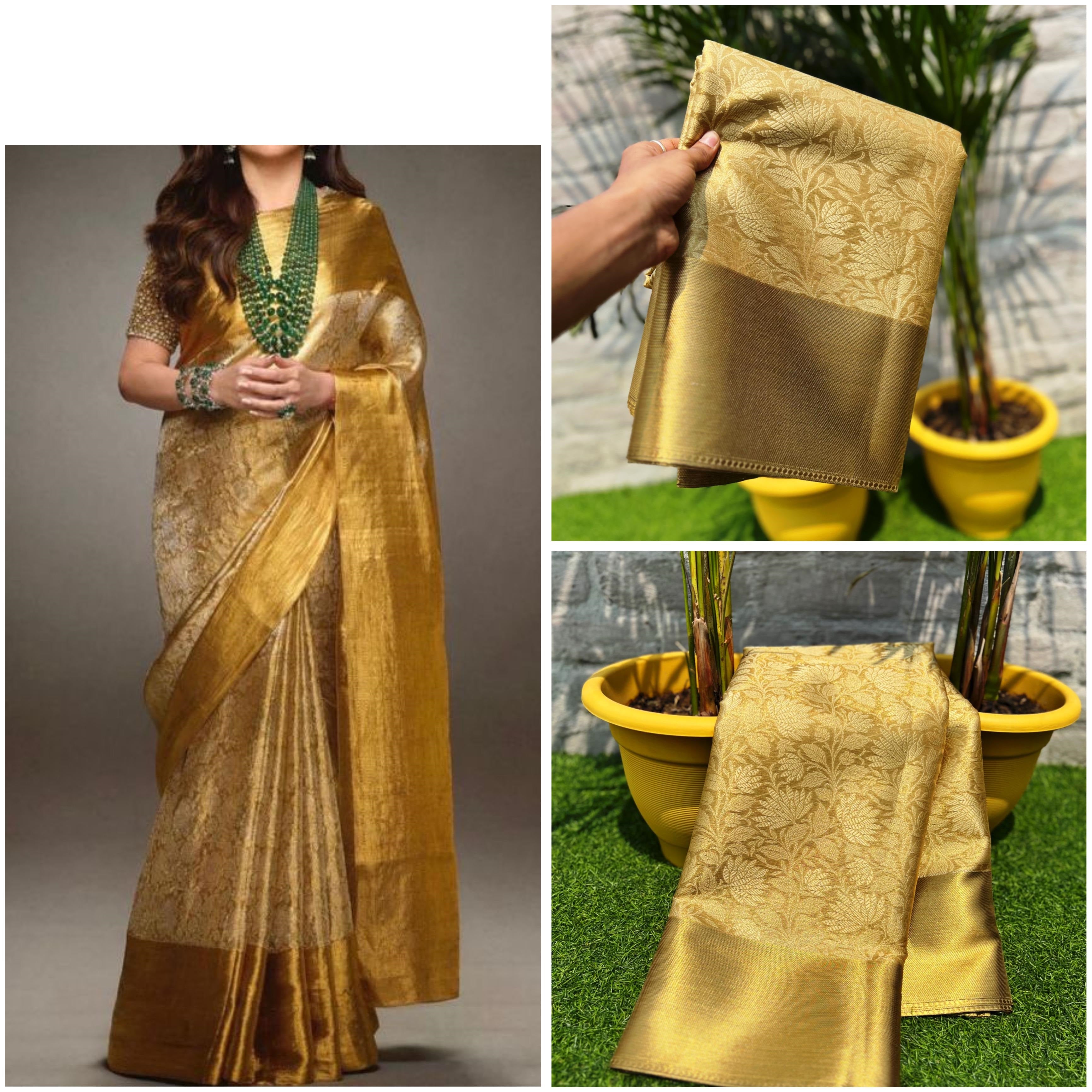 New Wedding Wear Golden Color Banarasi Tissue Silk Jacquared Zari Weaving Fancy Designer Saree