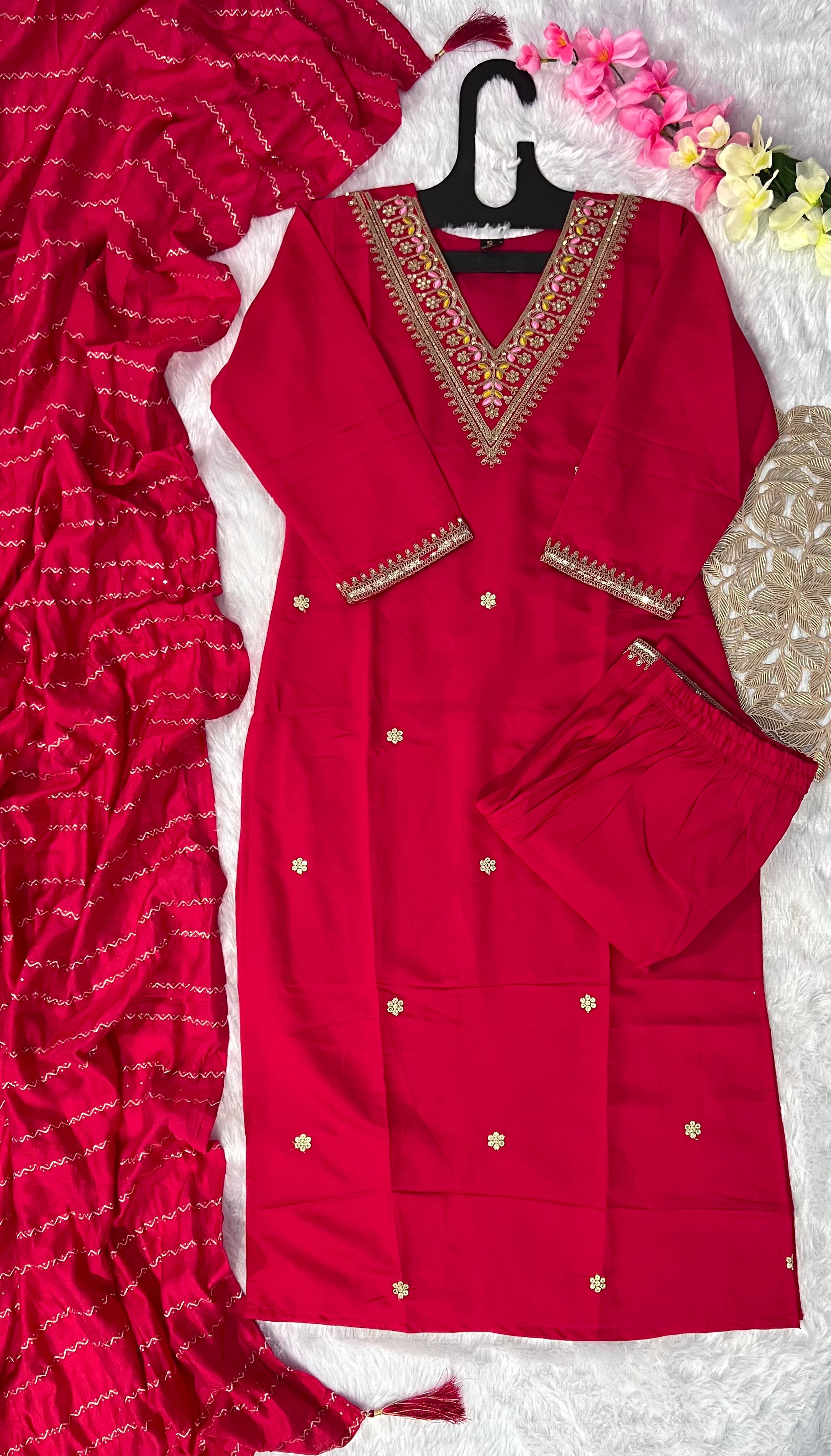 New Wedding Wear Red Color Roman Silk Embroidery Work Designer Straight Kurta With Trouser n Dupatta Set