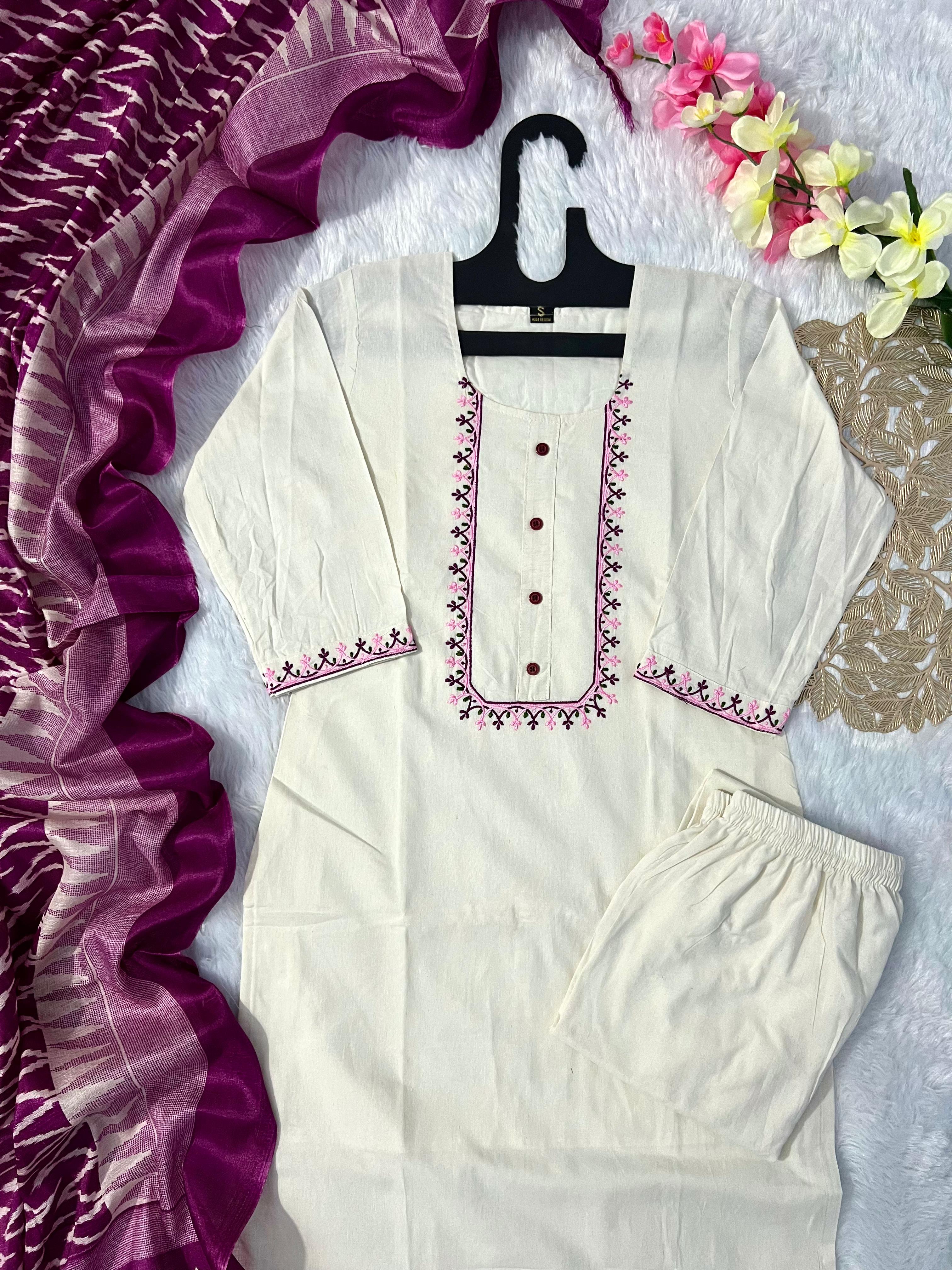 New Wedding Wear Off White Color Embroidery Work Designer Straight Kurta With Trouser n Dupatta Set