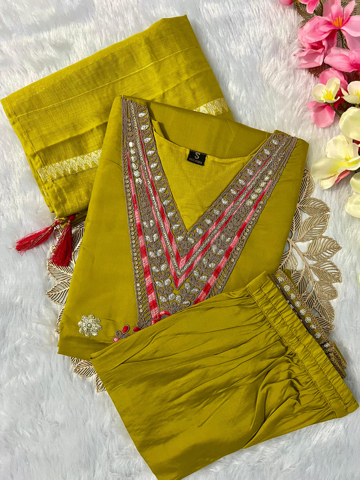 New Wedding Wear Dark Mustard Color Roman Silk Embroidery Work Designer Straight Kurta With Trouser n Dupatta Set