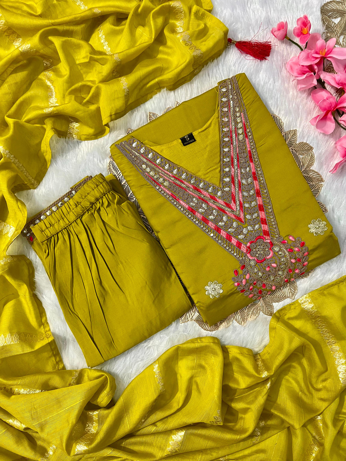 New Wedding Wear Dark Mustard Color Roman Silk Embroidery Work Designer Straight Kurta With Trouser n Dupatta Set