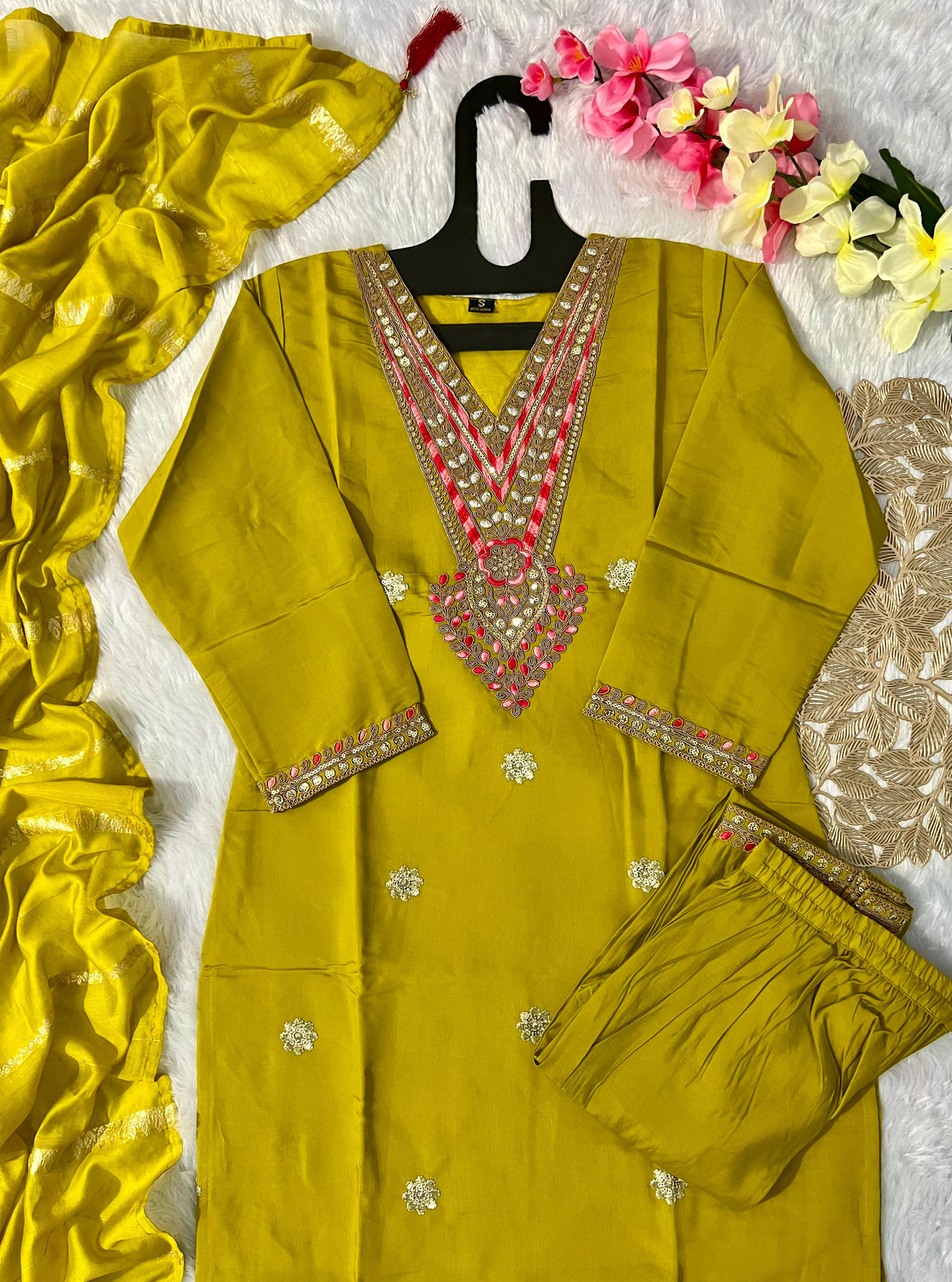New Wedding Wear Dark Mustard Color Roman Silk Embroidery Work Designer Straight Kurta With Trouser n Dupatta Set