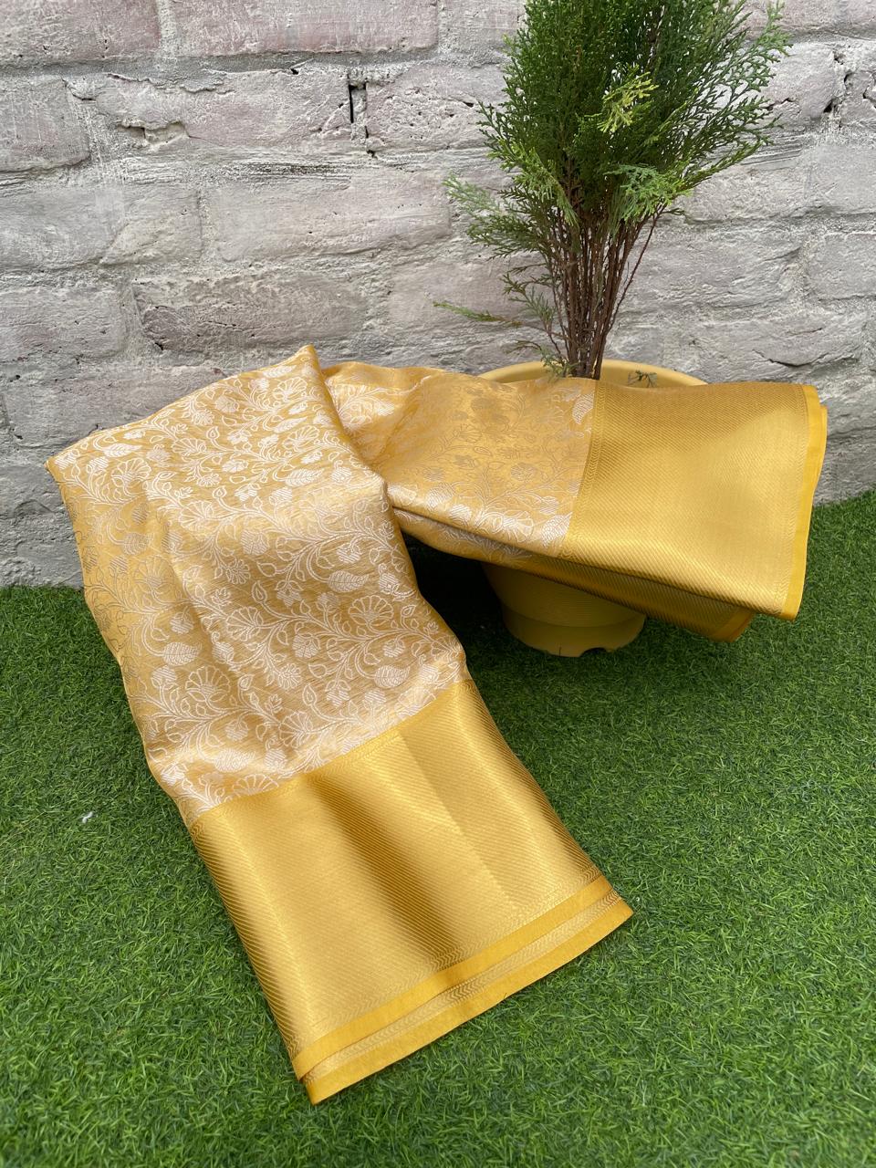 New Wedding wear Golden Color Banarasi TIssue Silk Jacquard Weaving Work Fancy Designer Saree With Blouse