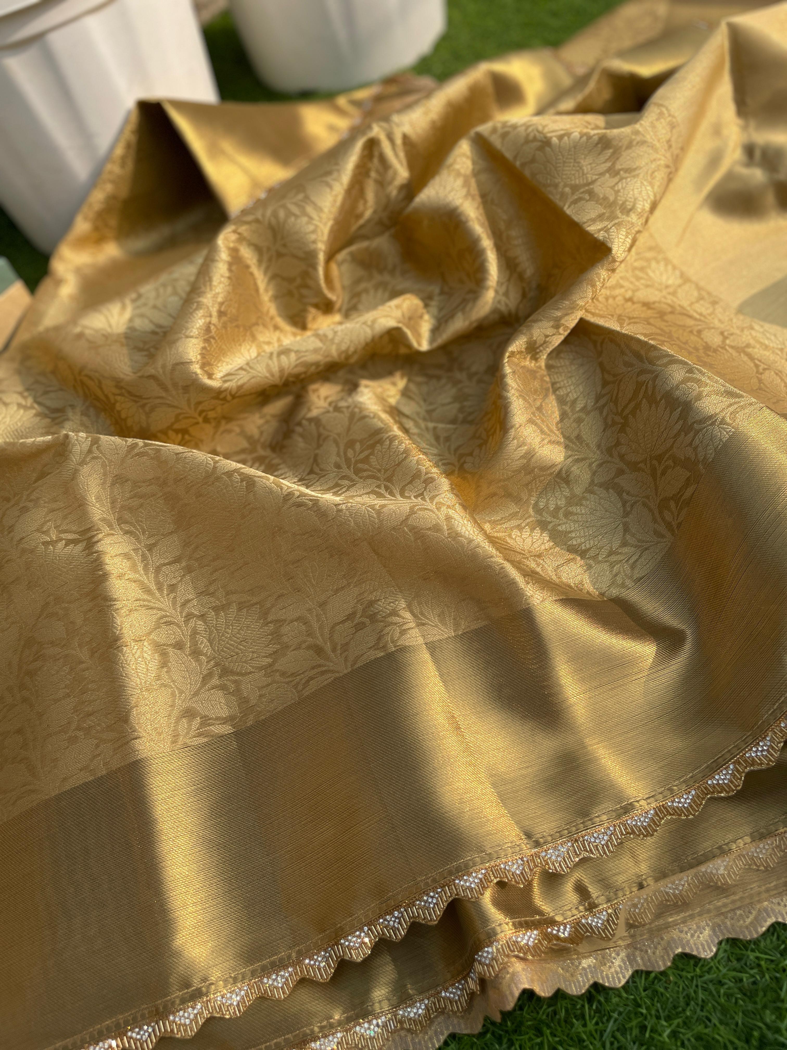 New Wedding Wear Golden Color Banarasi Tissue Silk Jacquared Zari Weaving n Lace Work Fancy Designer Saree