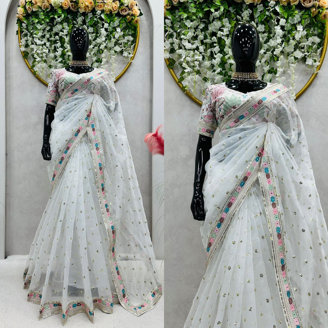 New Partywear Organza Silk Sequence n Emboridered Work Fancy Designer Saree With Unstitched Blouse