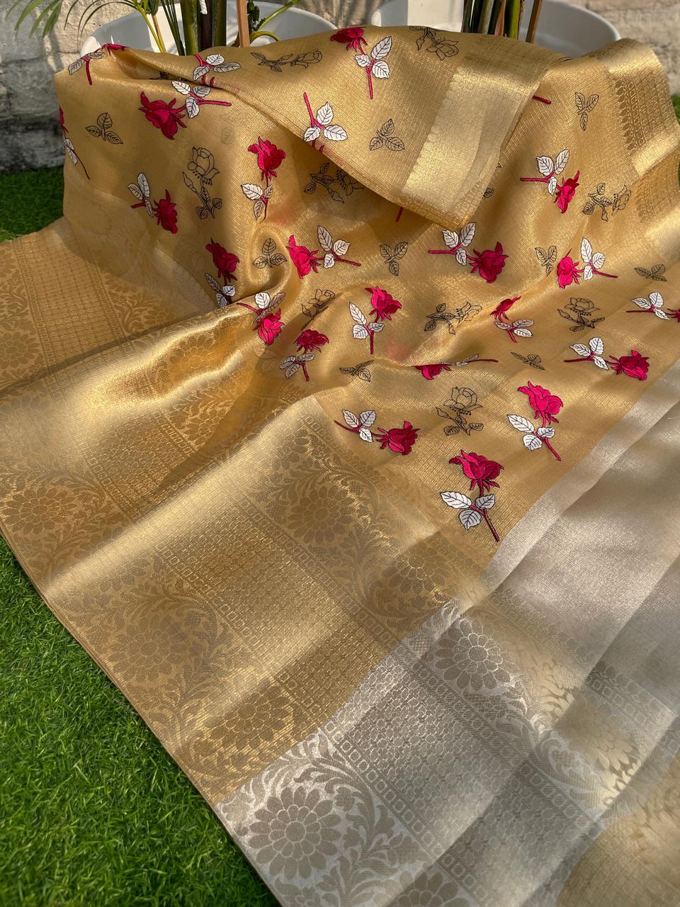 Festive wear Golden Color Banarasi TIssue Silk Emboidery Work Fancy Designer Saree With Blouse