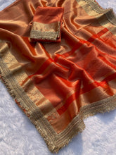 Load image into Gallery viewer, New Orange Color Banarasi Tissue Silk Jacquard n Lace Work Fancy Designer Partywear Saree
