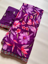 Load image into Gallery viewer, New Rangoli Silk Purple Color Print n Lace Border Work Saree With Embroidered Blouse Piece
