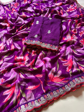 Load image into Gallery viewer, New Rangoli Silk Purple Color Print n Lace Border Work Saree With Embroidered Blouse Piece
