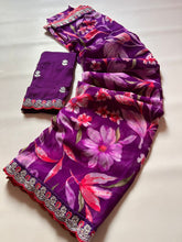 Load image into Gallery viewer, New Rangoli Silk Purple Color Print n Lace Border Work Saree With Embroidered Blouse Piece
