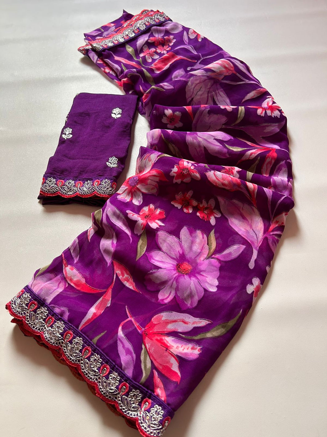 New Rangoli Silk Purple Color Print n Lace Border Work Saree With Embroidered Blouse Piece