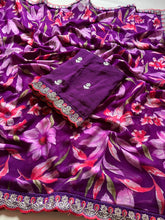 Load image into Gallery viewer, New Rangoli Silk Purple Color Print n Lace Border Work Saree With Embroidered Blouse Piece
