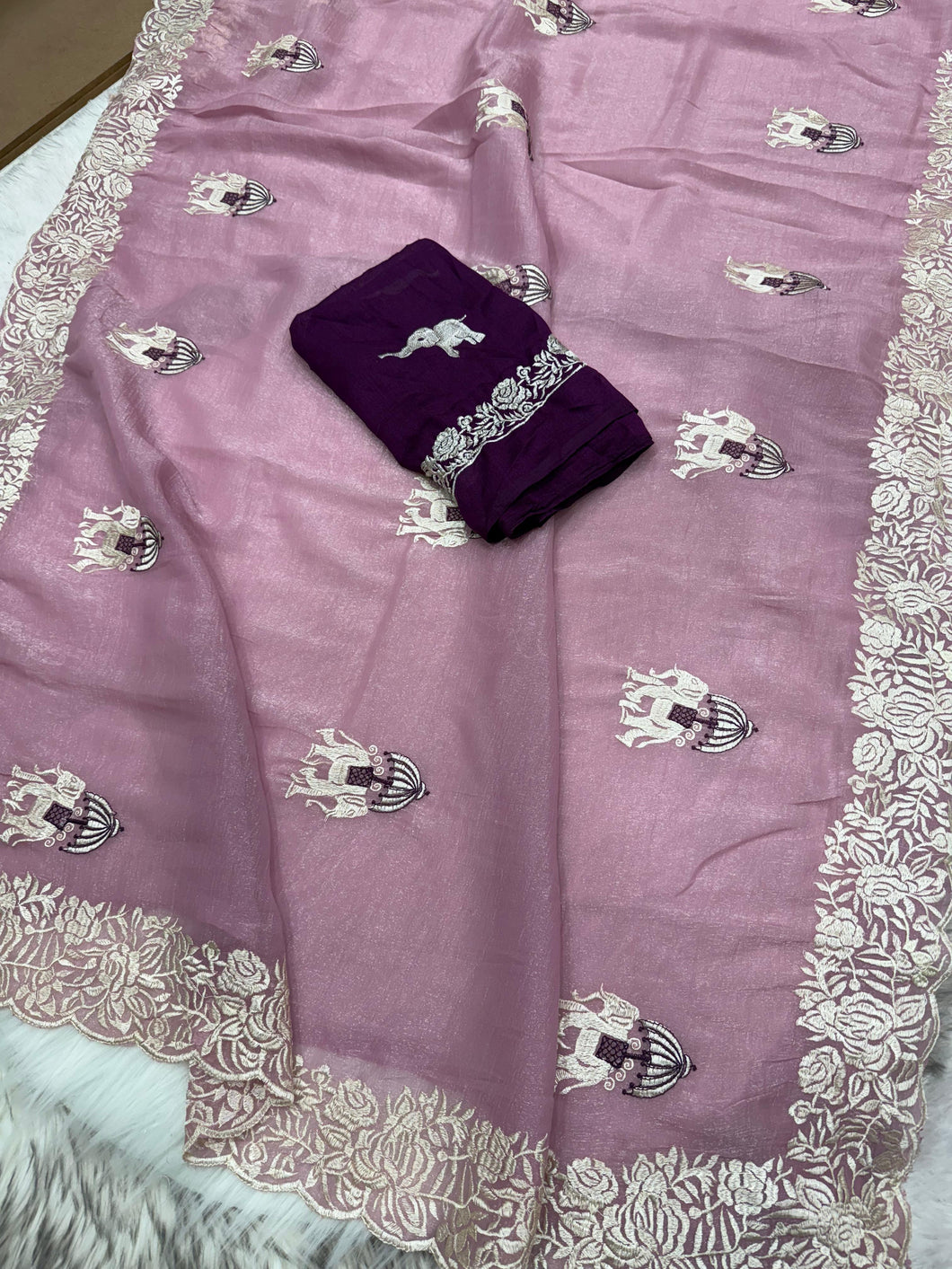 Latest Crunchy Crush Silk Embroidery Work Fancy Designer Wedding Wear Saree With Blouse