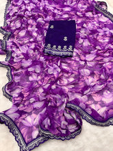 Load image into Gallery viewer, New Rangoli Silk Purple Color Print n Lace Border Work Saree With Embroidered Blouse Piece
