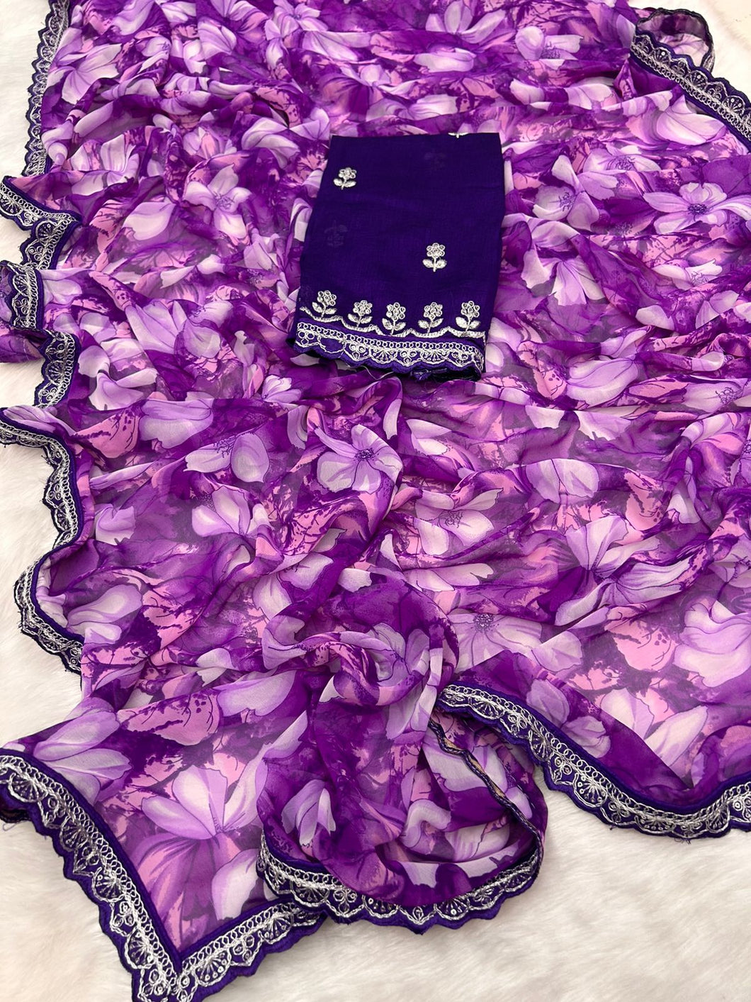 New Rangoli Silk Purple Color Print n Lace Border Work Saree With Embroidered Blouse Piece