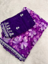 Load image into Gallery viewer, New Rangoli Silk Purple Color Print n Lace Border Work Saree With Embroidered Blouse Piece
