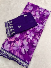 Load image into Gallery viewer, New Rangoli Silk Purple Color Print n Lace Border Work Saree With Embroidered Blouse Piece
