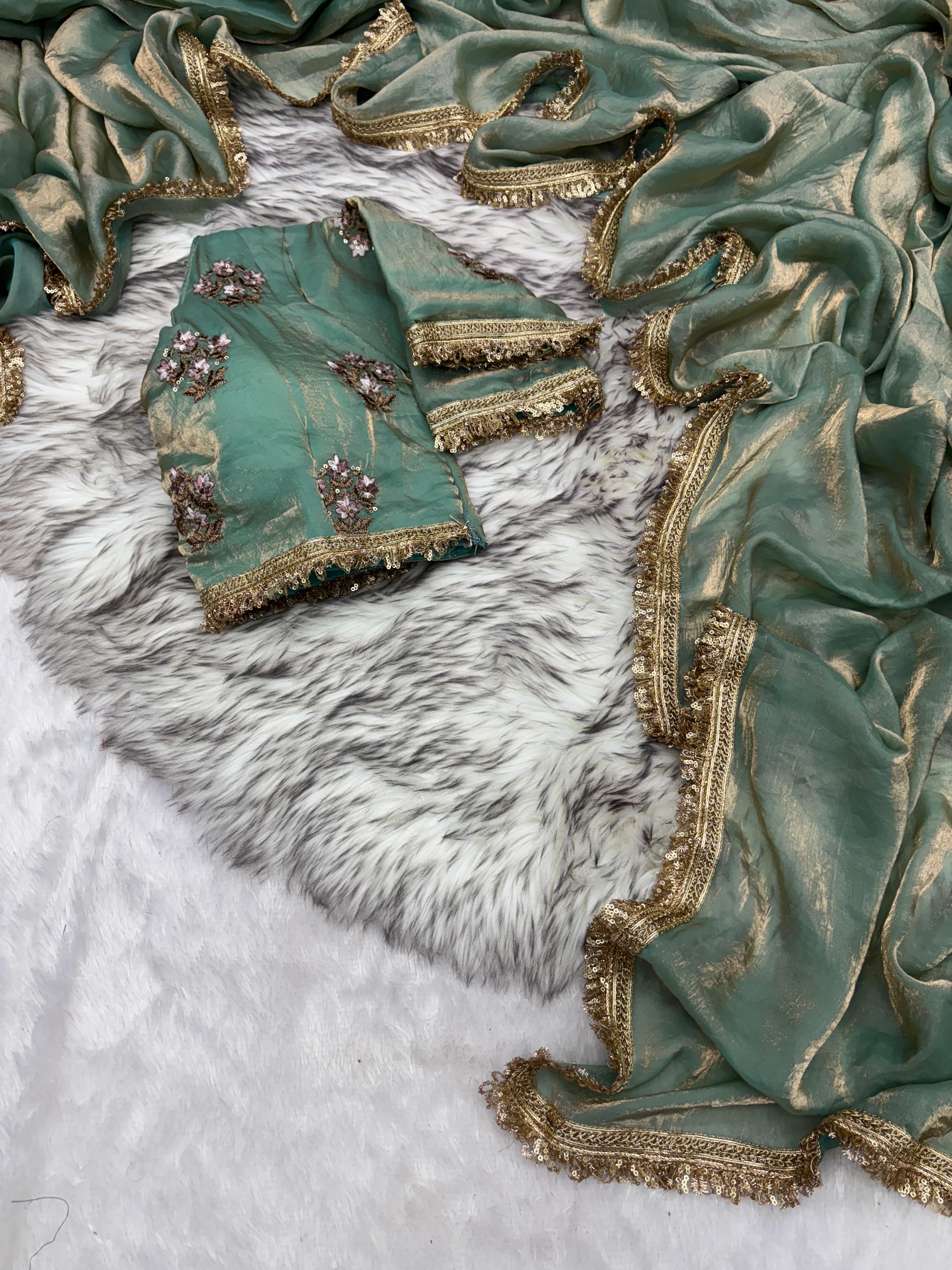New Partywear Rich Silk Sea Green Color Designer Lace Work Fancy Saree With Embroidered Unstitched Blouse Piece