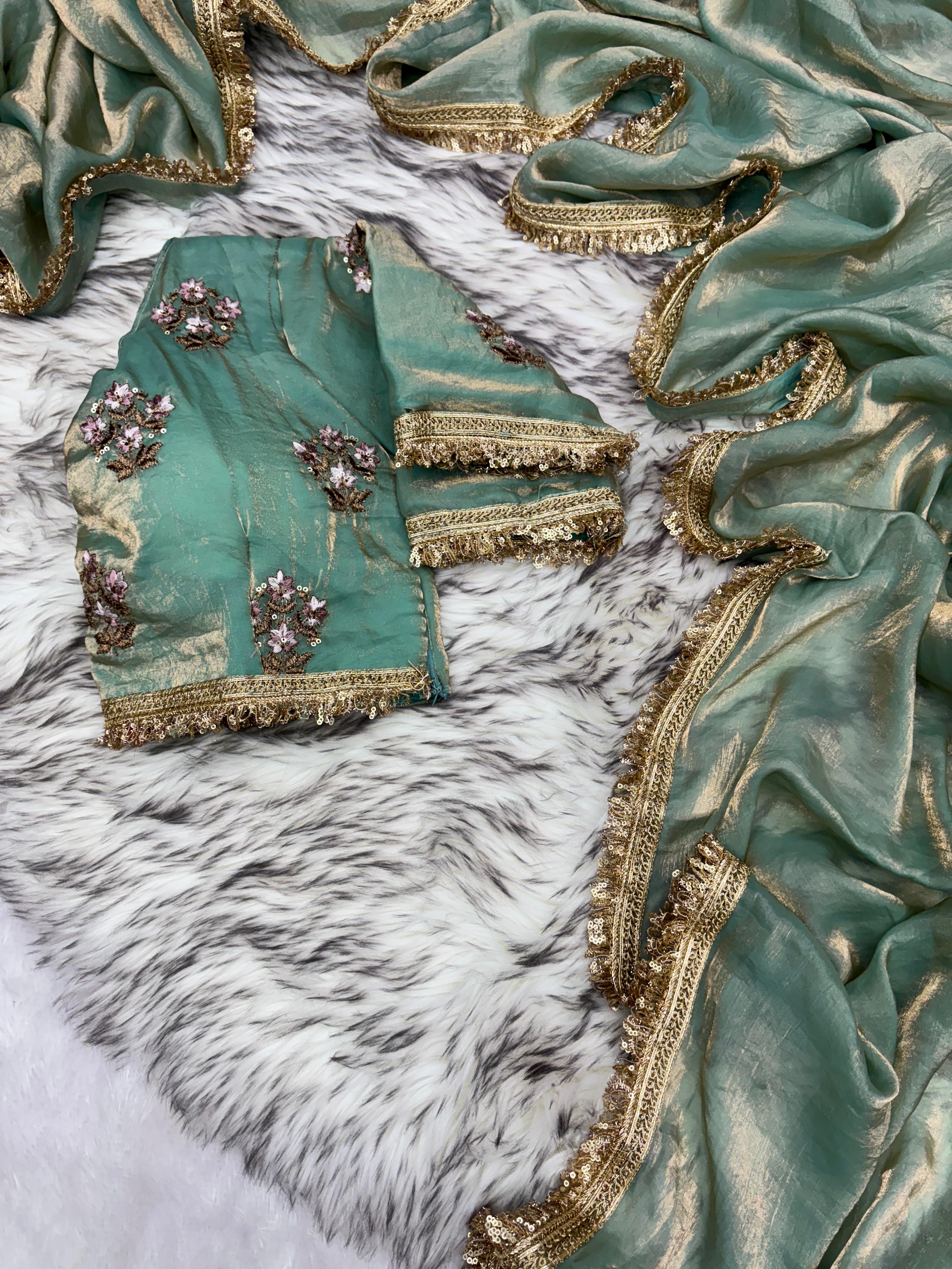 New Partywear Rich Silk Sea Green Color Designer Lace Work Fancy Saree With Embroidered Unstitched Blouse Piece