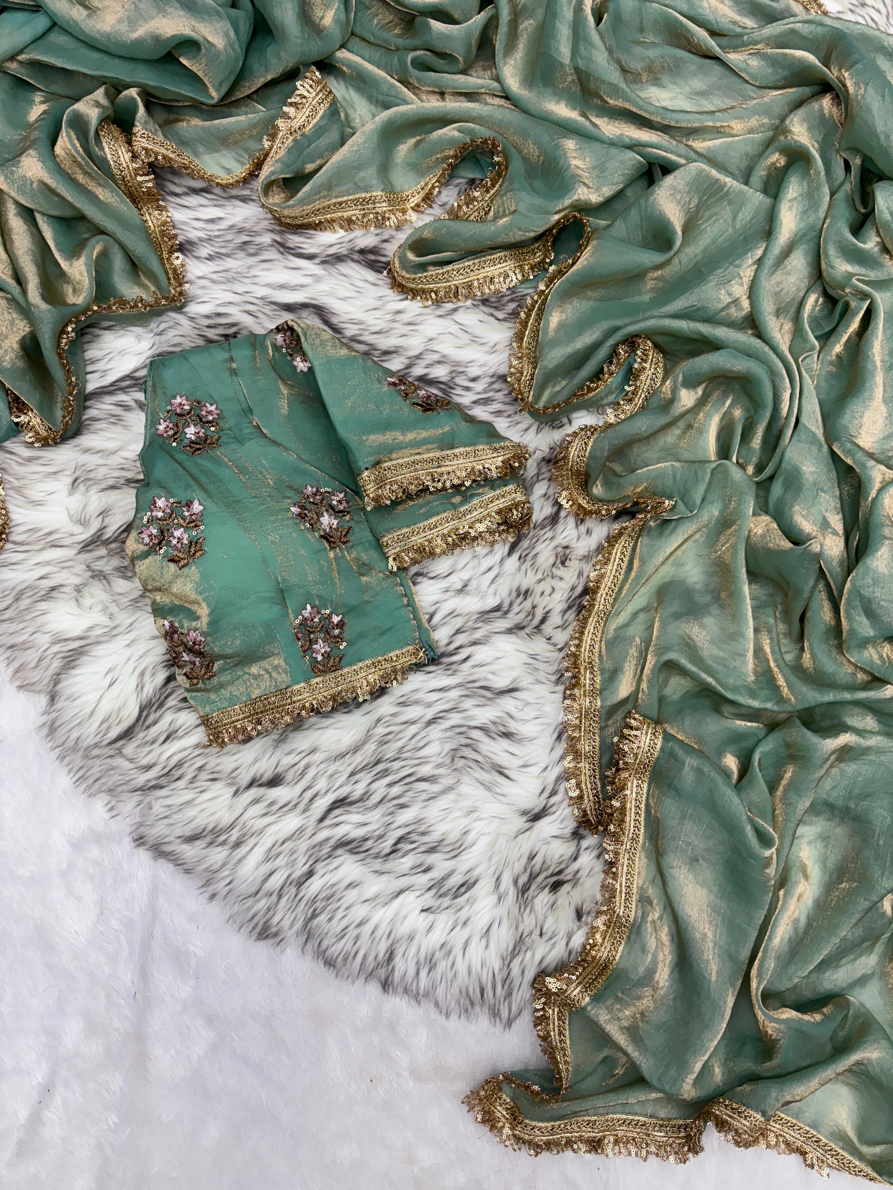 New Partywear Rich Silk Sea Green Color Designer Lace Work Fancy Saree With Embroidered Unstitched Blouse Piece