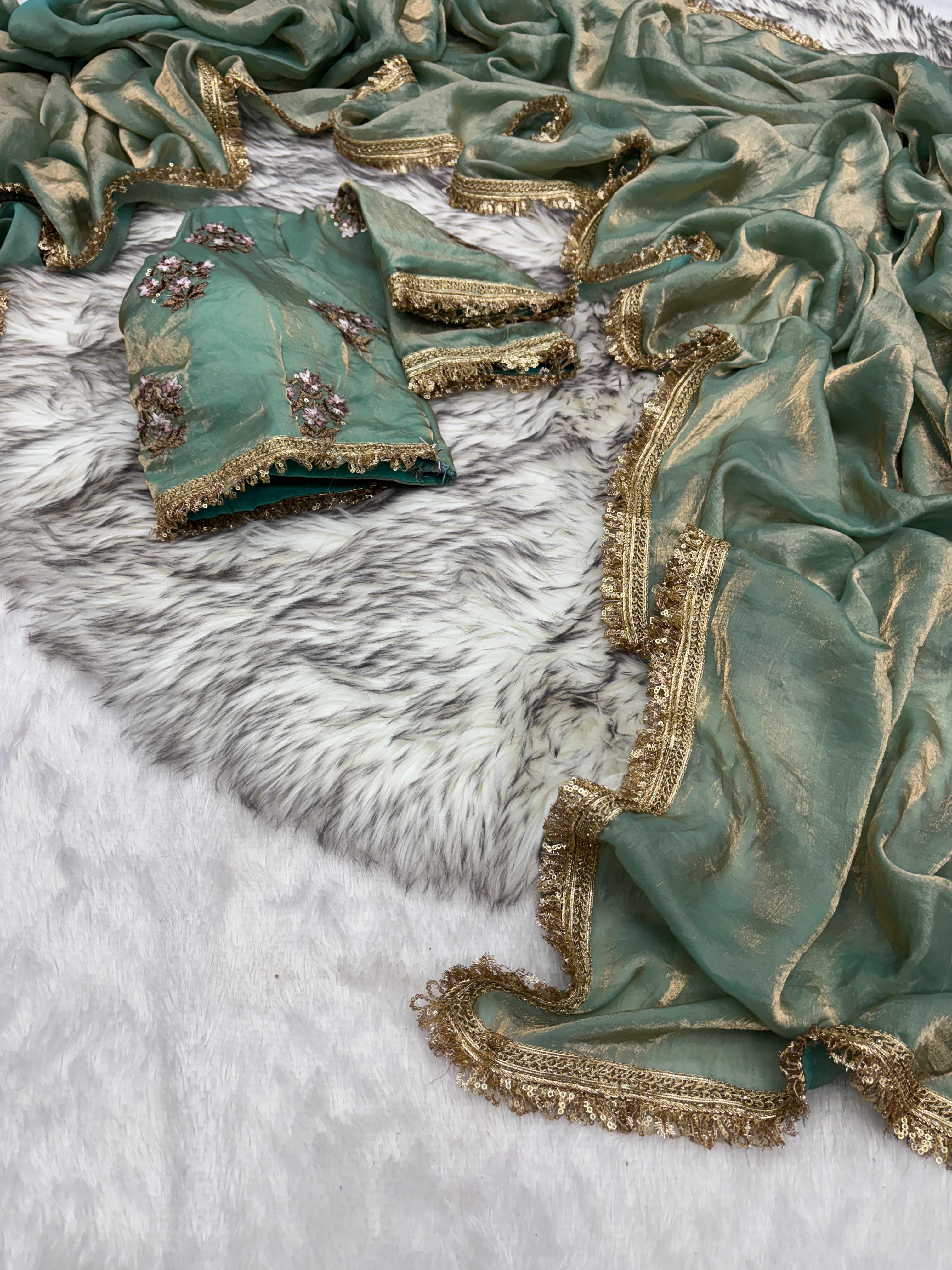 New Partywear Rich Silk Sea Green Color Designer Lace Work Fancy Saree With Embroidered Unstitched Blouse Piece