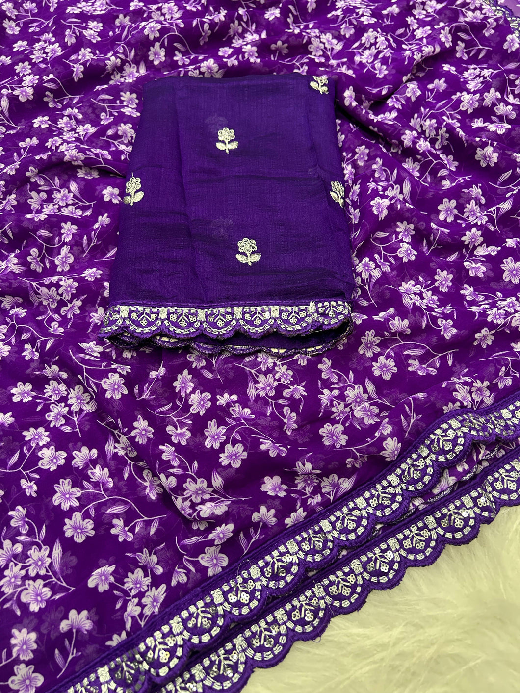 New Rangoli Silk Purple Color Print n Lace Border Work Saree With Embroidered Blouse Piece