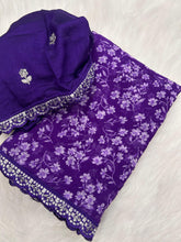 Load image into Gallery viewer, New Rangoli Silk Purple Color Print n Lace Border Work Saree With Embroidered Blouse Piece
