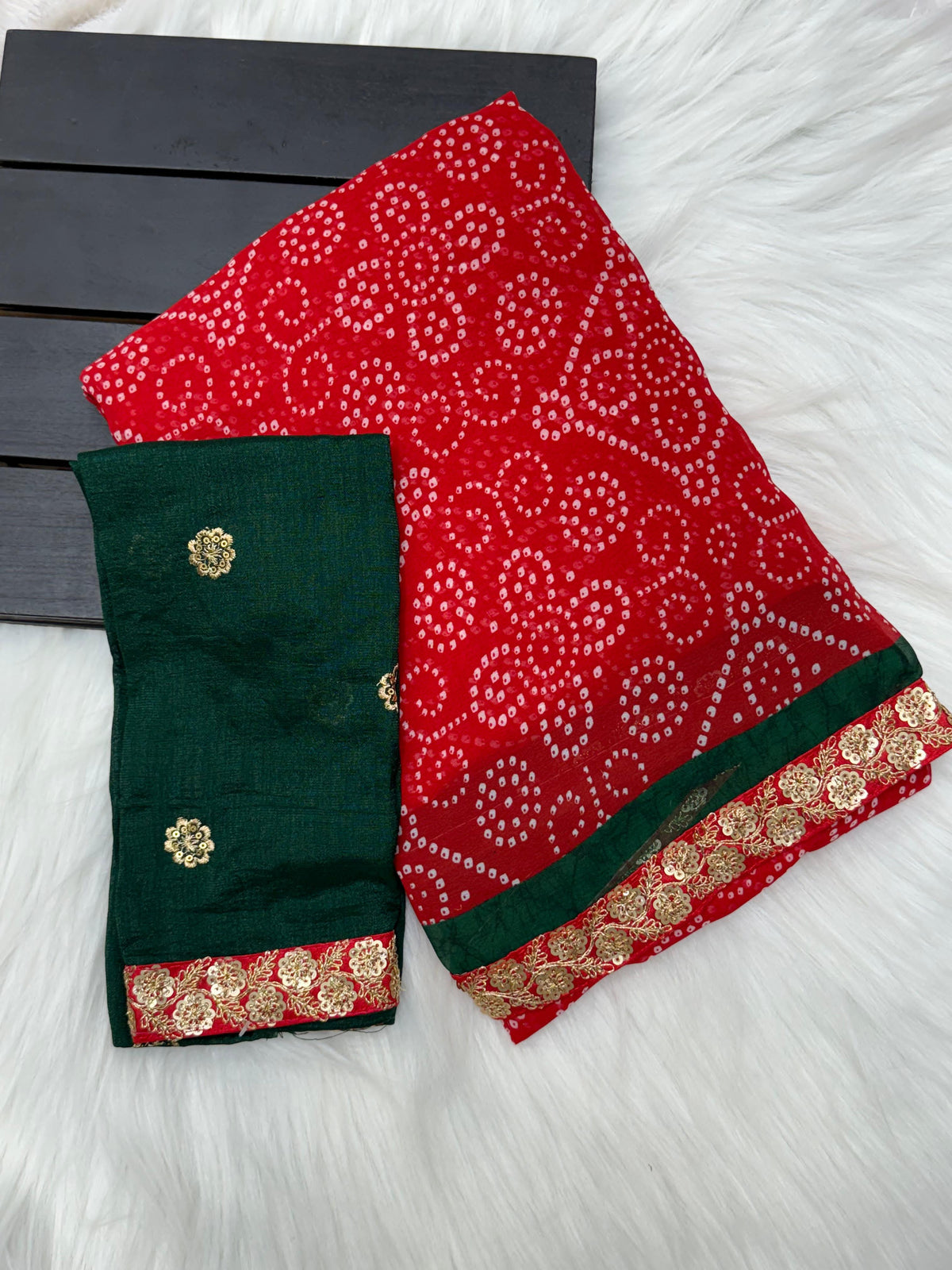 Latest Wedding Wear Bandhej Print n Sequence Border Work Georgette Fancy Designer Saree with Embroidered Blouse