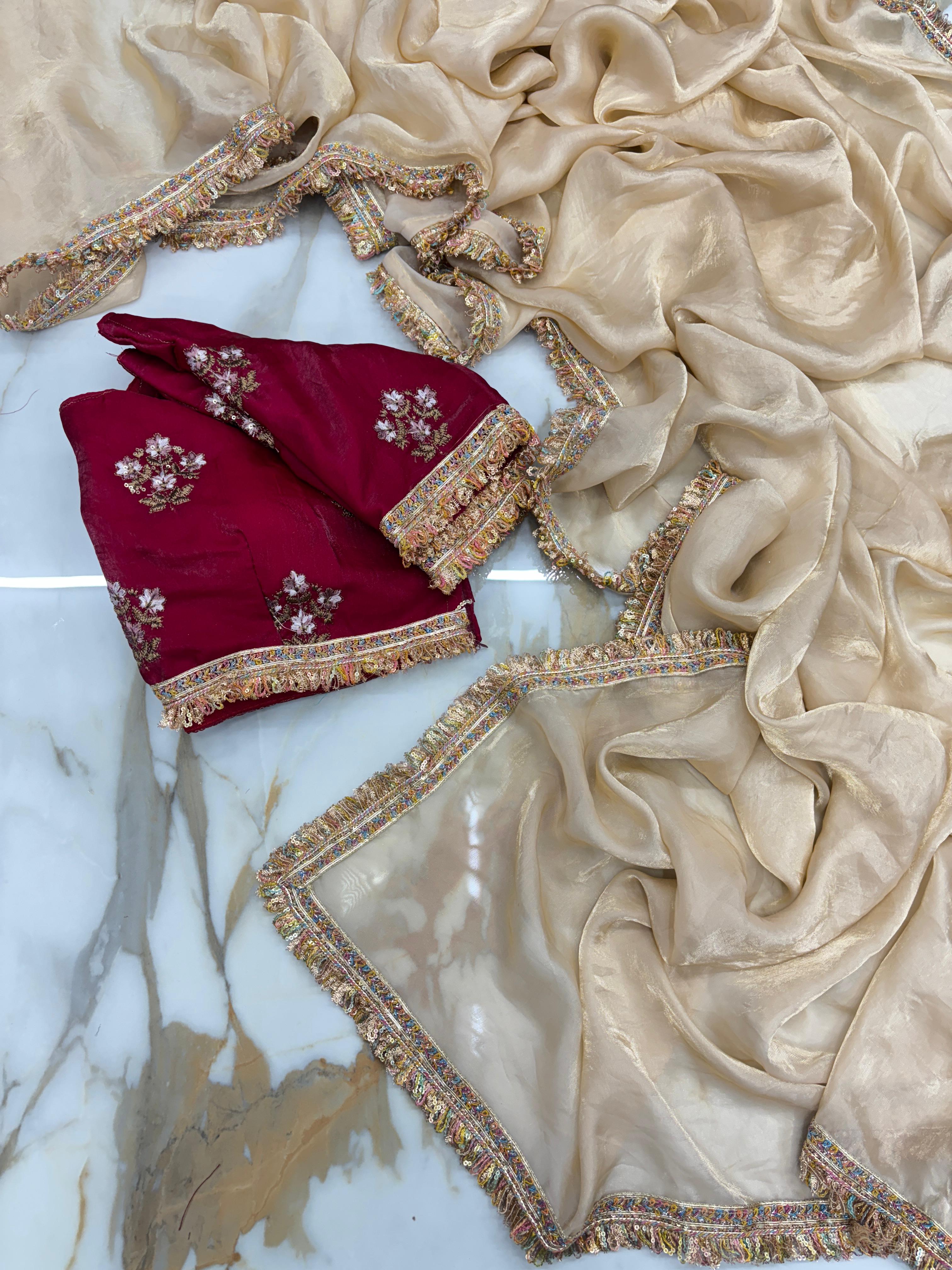 New Partywear Rich Silk Golden Color Designer Lace Work Fancy Saree With Embroidered Unstitched Blouse Piece