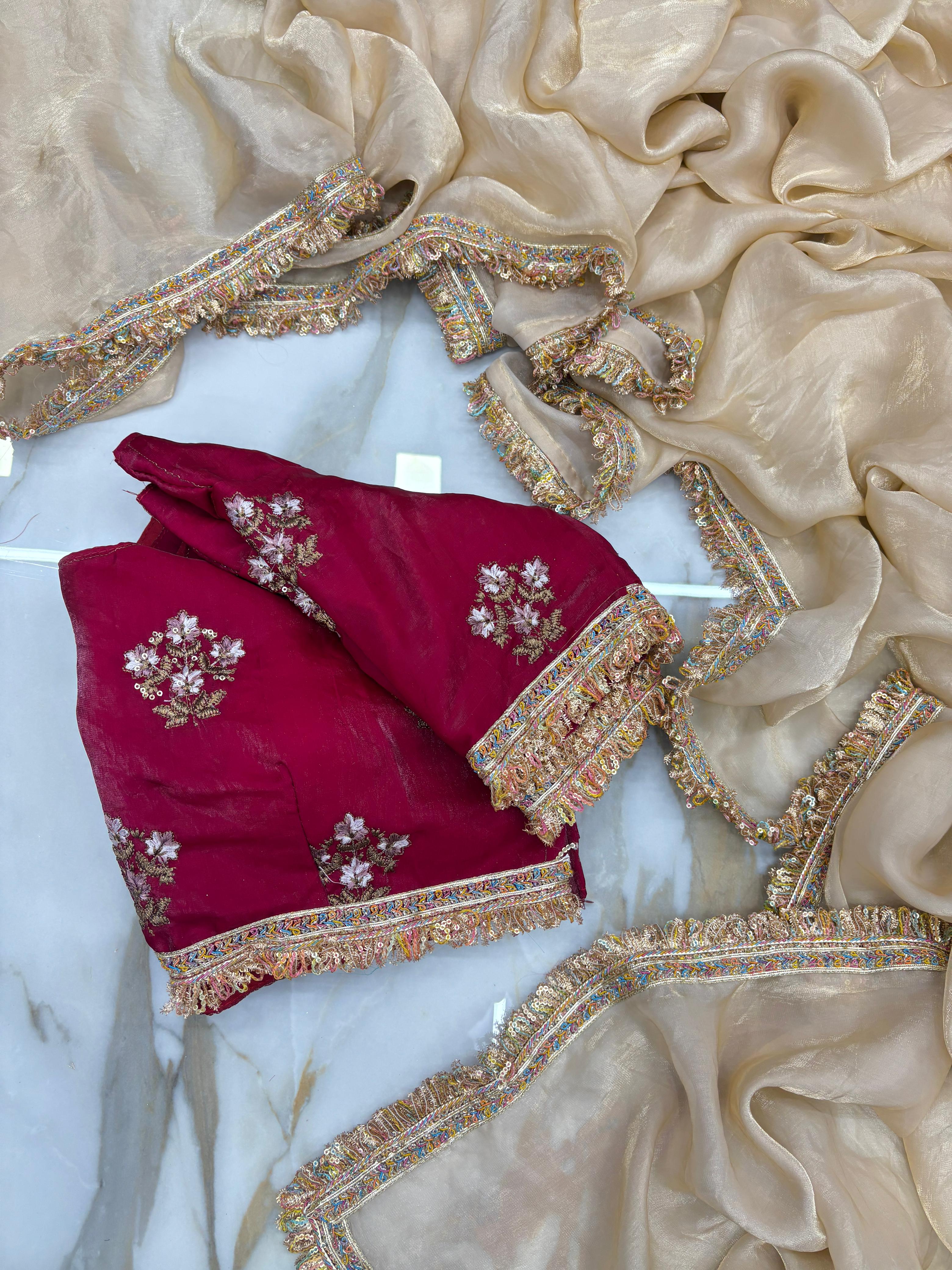 New Partywear Rich Silk Golden Color Designer Lace Work Fancy Saree With Embroidered Unstitched Blouse Piece