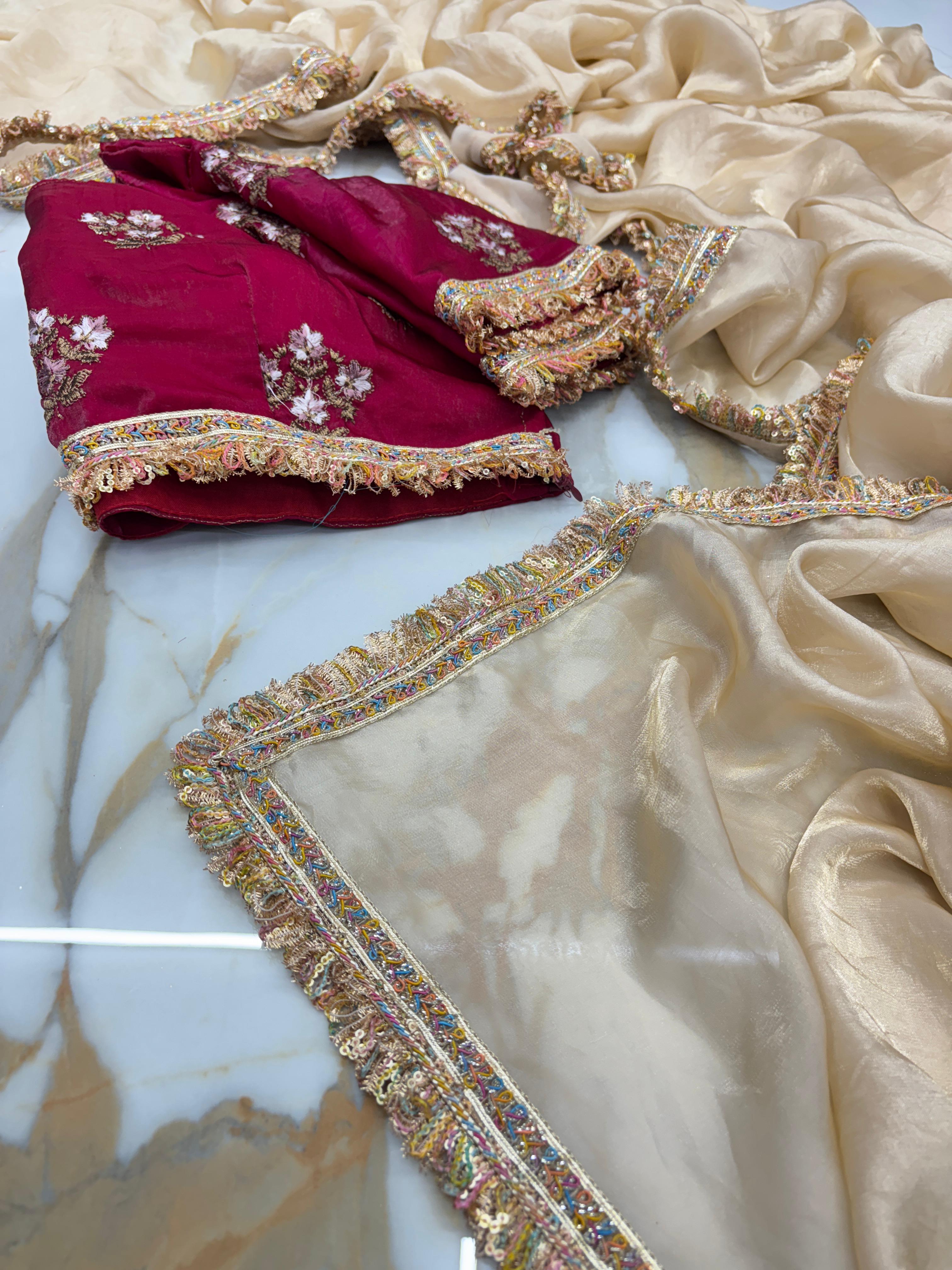 New Partywear Rich Silk Golden Color Designer Lace Work Fancy Saree With Embroidered Unstitched Blouse Piece